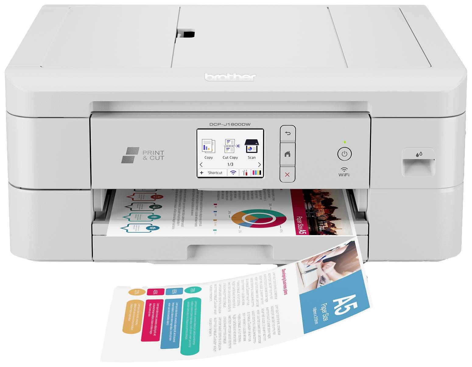 Ein weißer Drucker druckt ein farbiges Diagramm und Broschüren aus. Der Drucker besitzt ein kleines Display und mehrere Tasten.