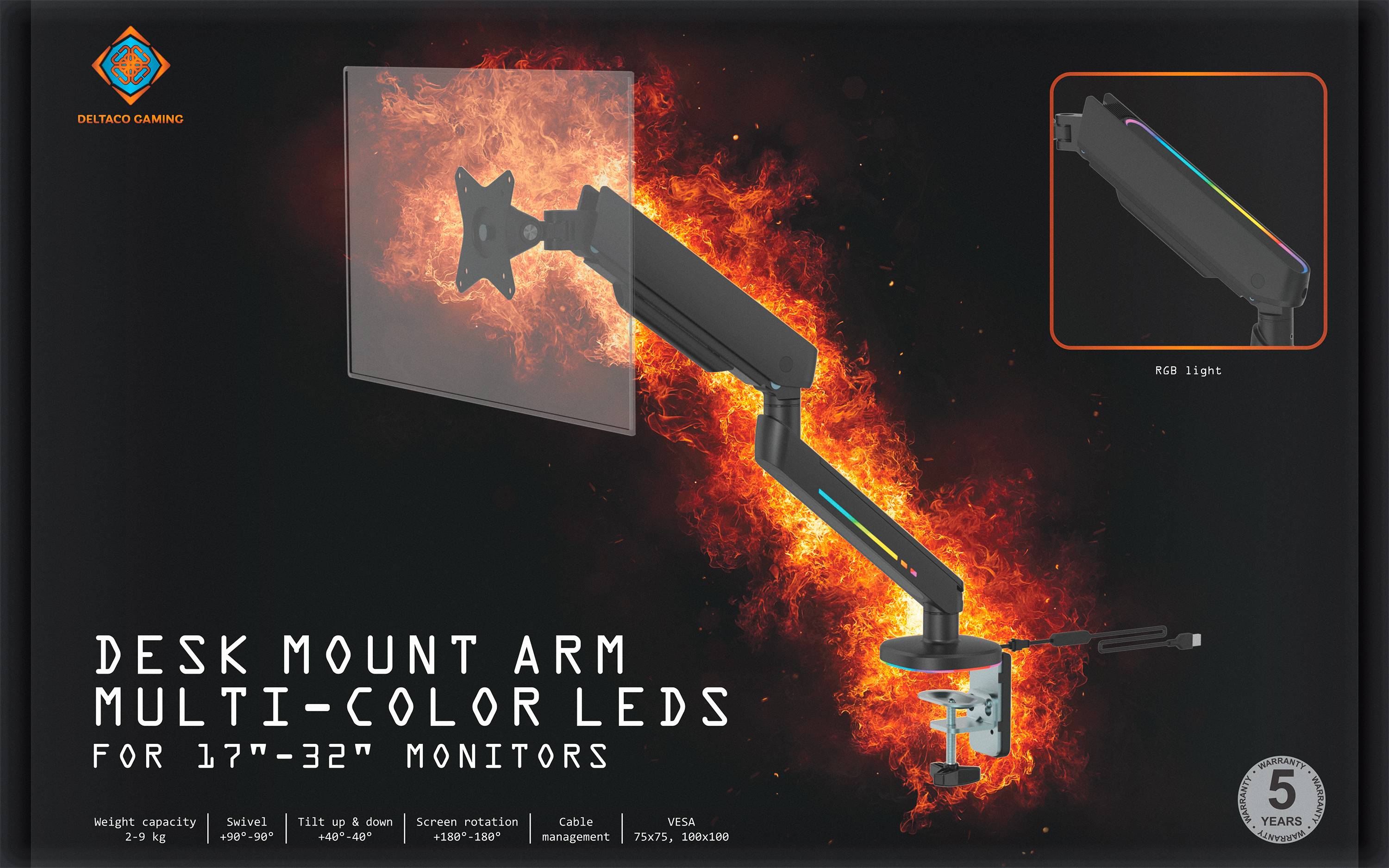 DELTACO GAMING Monitor-Tischhalterung RGB Single 1 Display(s) 43,2 cm (17") - 81,3 cm (32") Schwarz Neigbar, Schwenkbar, Drehbar