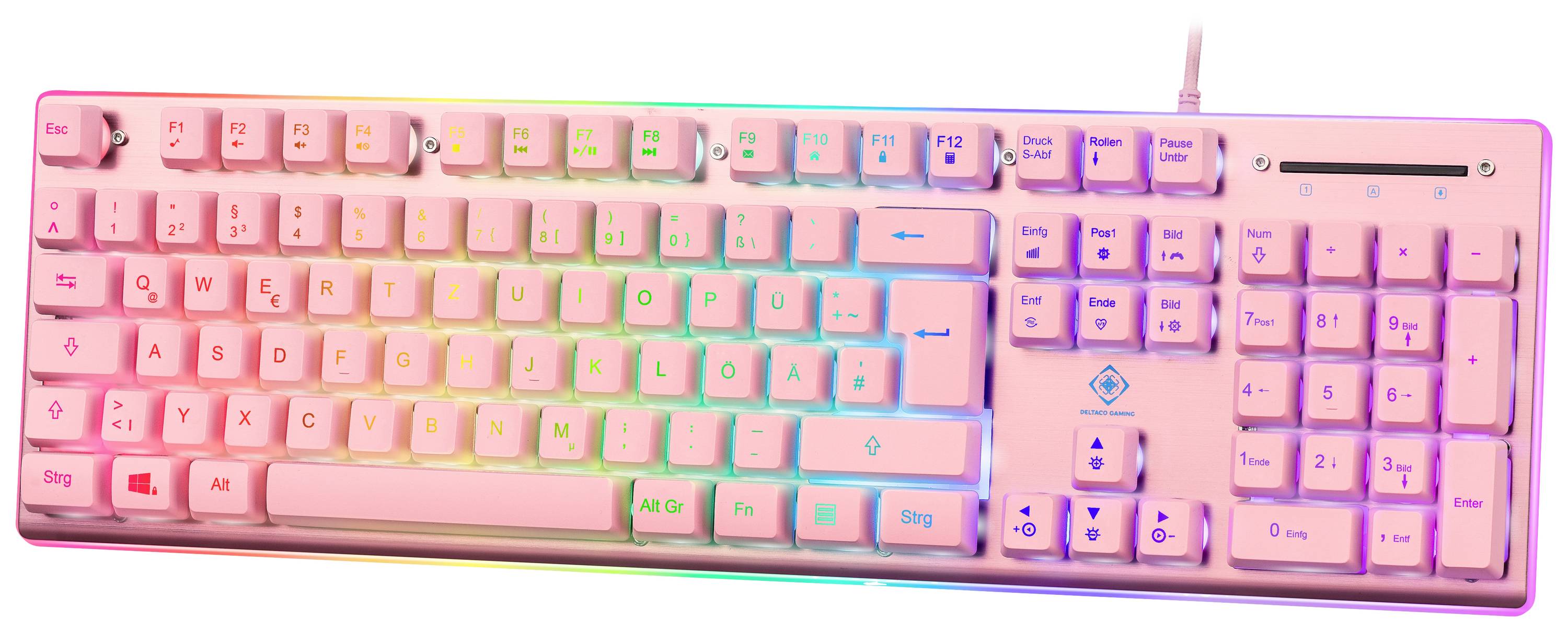 DELTACO GAMING PF75 Membran Kabelgebunden Gaming-Tastatur Deutsch, QWERTZ Pink, Rosa Beleuchtet