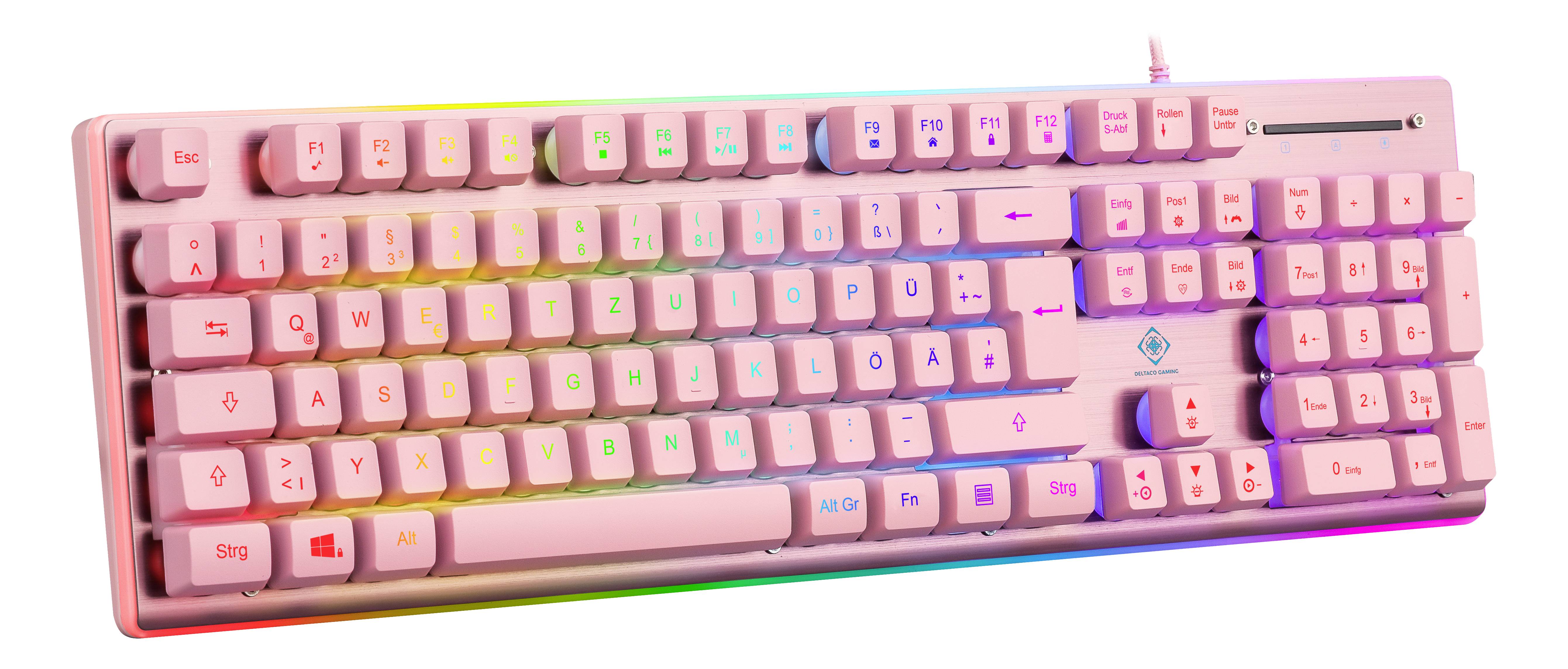 DELTACO GAMING PF75 Membran Kabelgebunden Gaming-Tastatur Deutsch, QWERTZ Pink, Rosa Beleuchtet