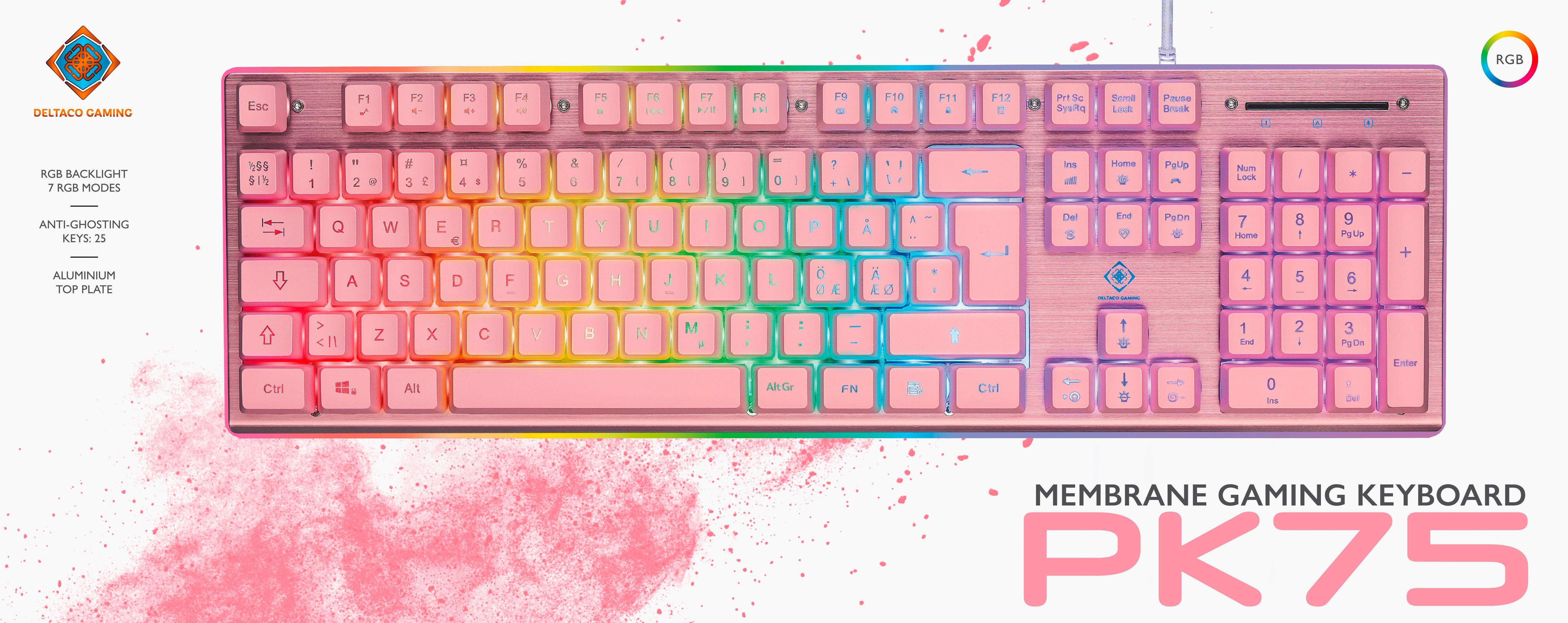 DELTACO GAMING PF75 Membran Kabelgebunden Gaming-Tastatur Deutsch, QWERTZ Pink, Rosa Beleuchtet
