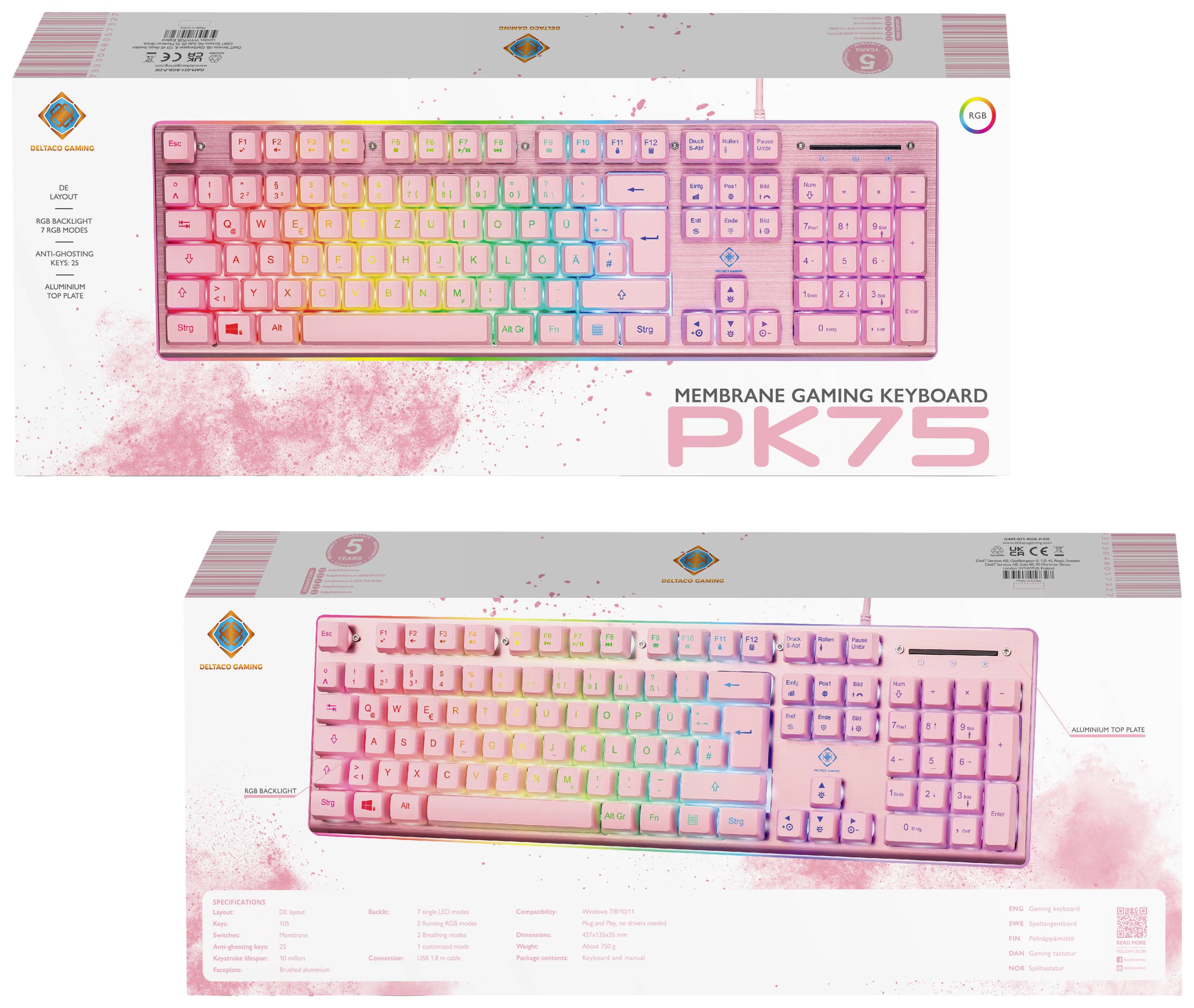 DELTACO GAMING PF75 Membran Kabelgebunden Gaming-Tastatur Deutsch, QWERTZ Pink, Rosa Beleuchtet