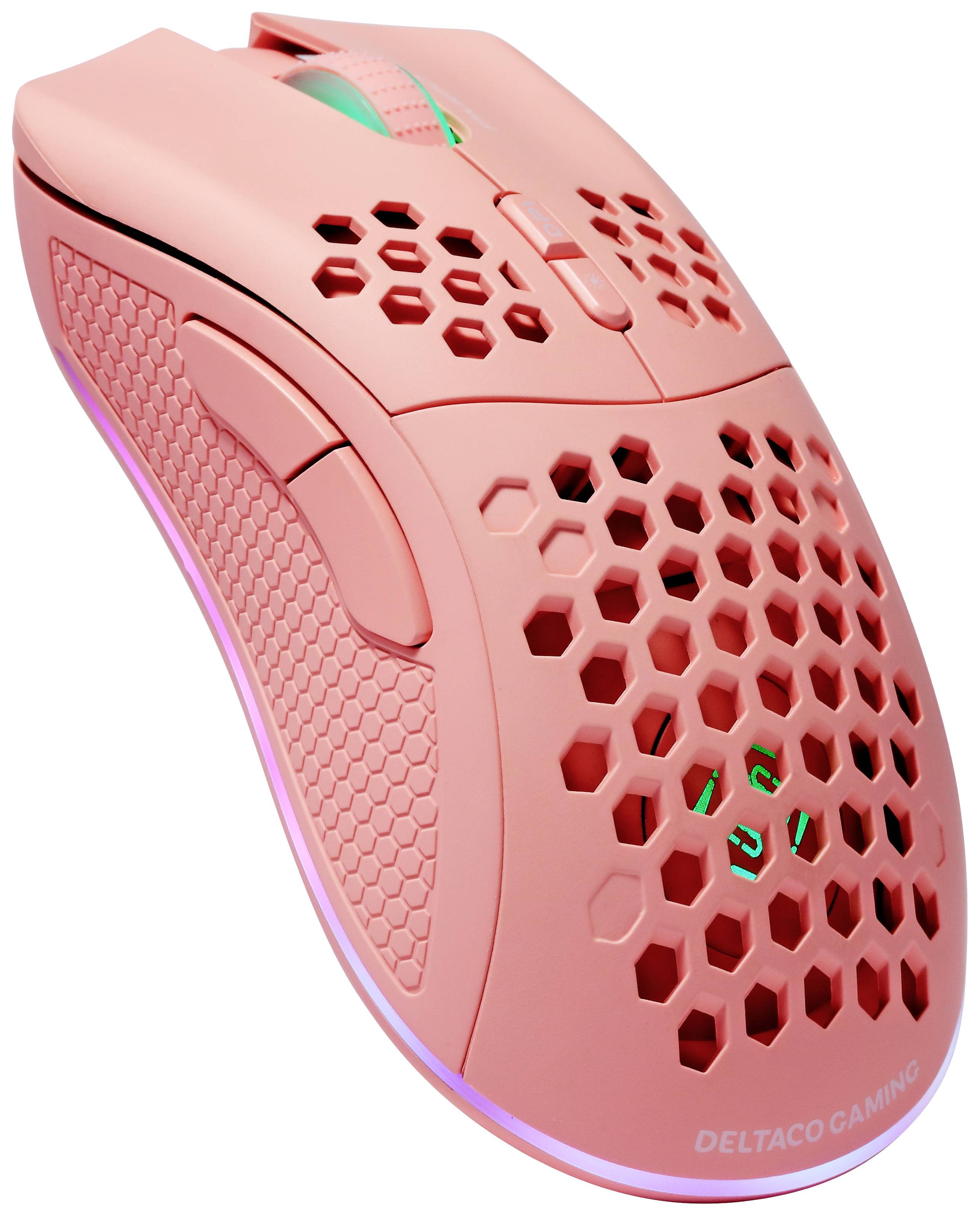 DELTACO GAMING PM80 Gaming-Maus Funk Optisch Pink 7 Tasten 4800 dpi Beleuchtet, Wiederaufladbar