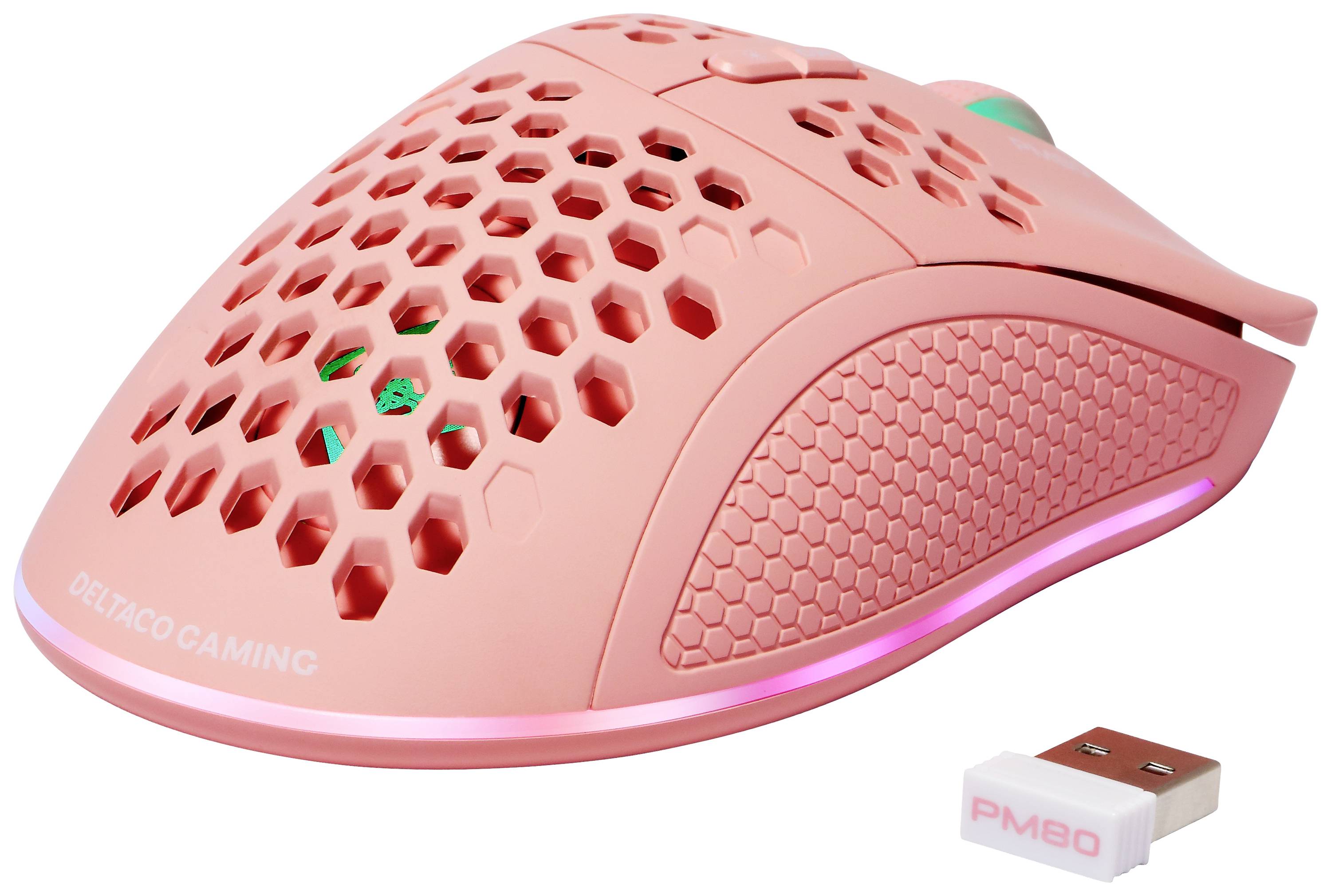 DELTACO GAMING PM80 Gaming-Maus Funk Optisch Pink 7 Tasten 4800 dpi Beleuchtet, Wiederaufladbar