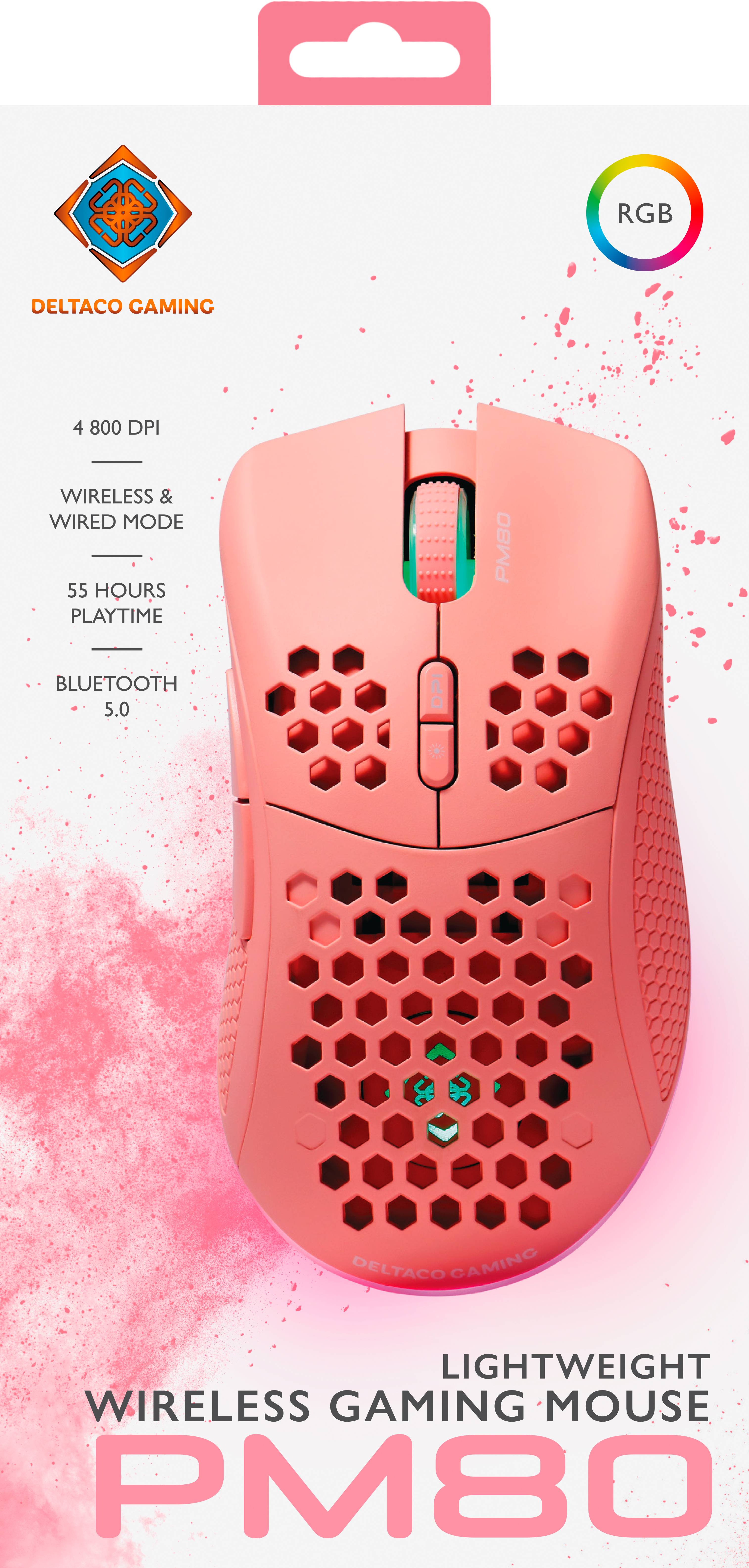 DELTACO GAMING PM80 Gaming-Maus Funk Optisch Pink 7 Tasten 4800 dpi Beleuchtet, Wiederaufladbar