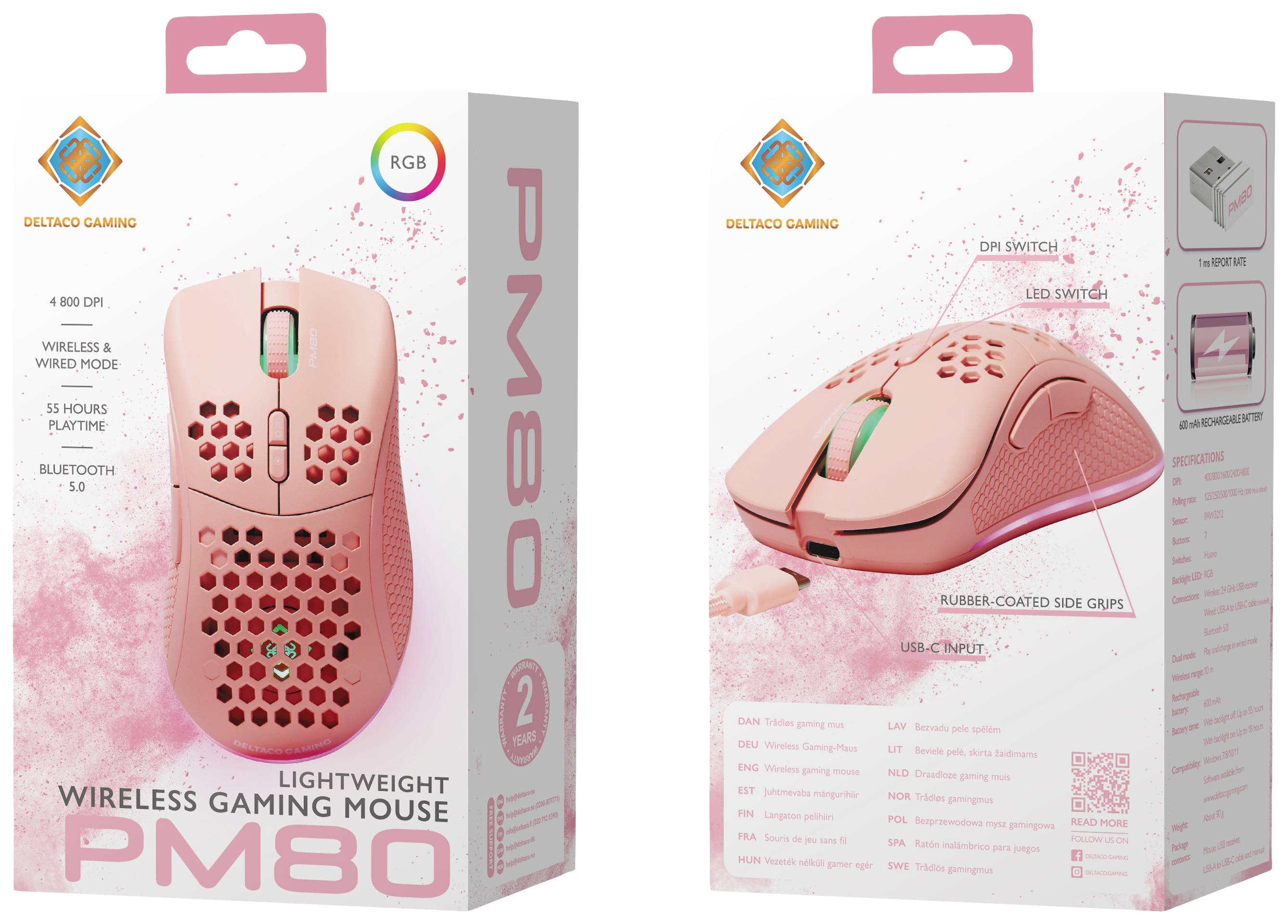 DELTACO GAMING PM80 Gaming-Maus Funk Optisch Pink 7 Tasten 4800 dpi Beleuchtet, Wiederaufladbar