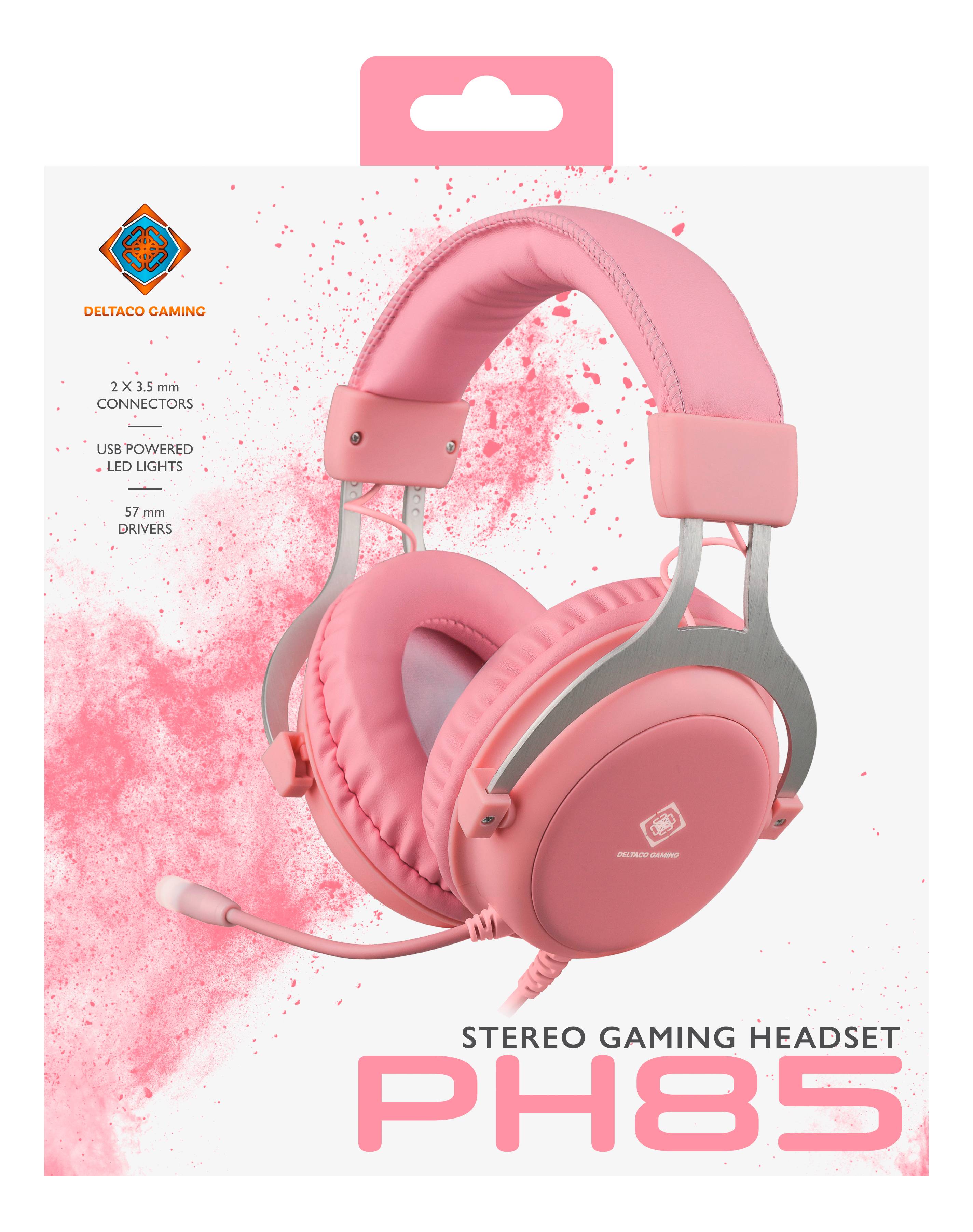 DELTACO GAMING PH85 Over Ear Headset kabelgebunden Stereo Pink, Rosa Mikrofon-Stummschaltung Gaming
