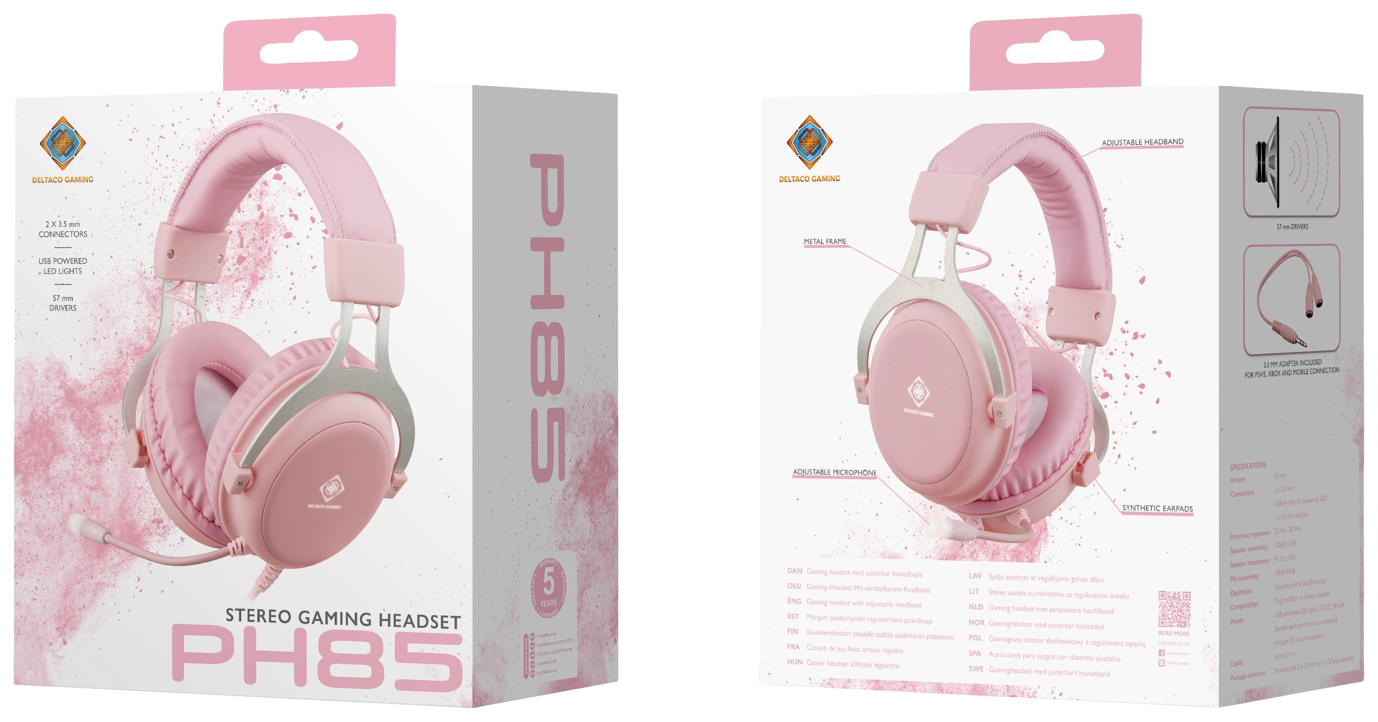 DELTACO GAMING PH85 Over Ear Headset kabelgebunden Stereo Pink, Rosa Mikrofon-Stummschaltung Gaming