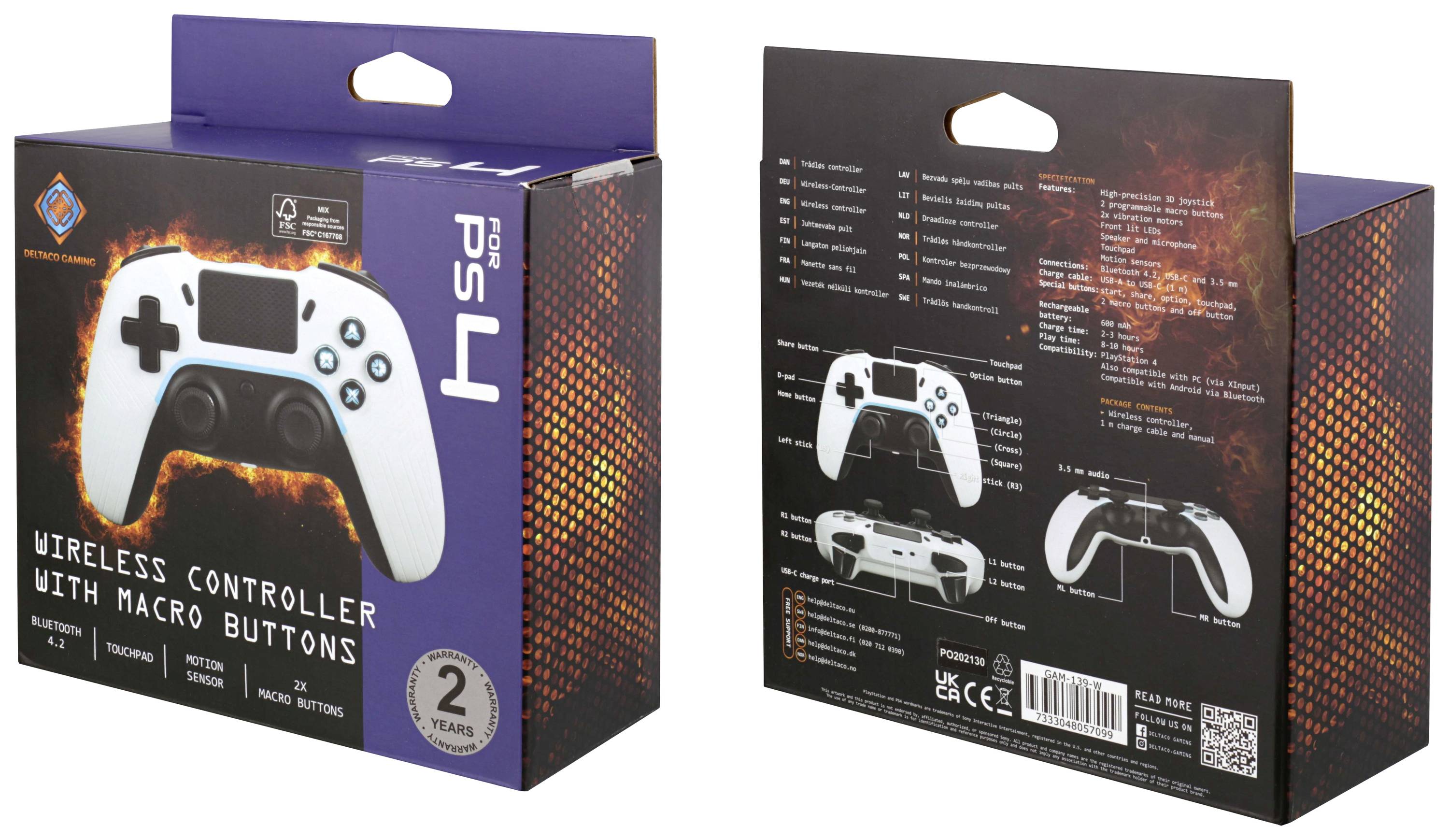 DELTACO GAMING Wireless PS4 & PC Controller Controller PlayStation 4, PC, Android, iOS Weiß