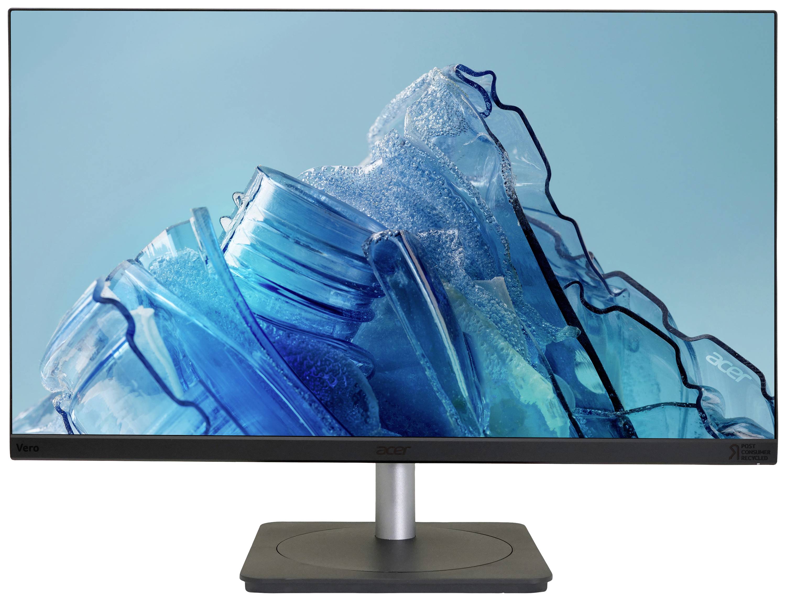 Ein moderner Computermonitor zeigt ein hochauflösendes Bild von zerbrochenem blauen Glas vor einem hellblauen Hintergrund.