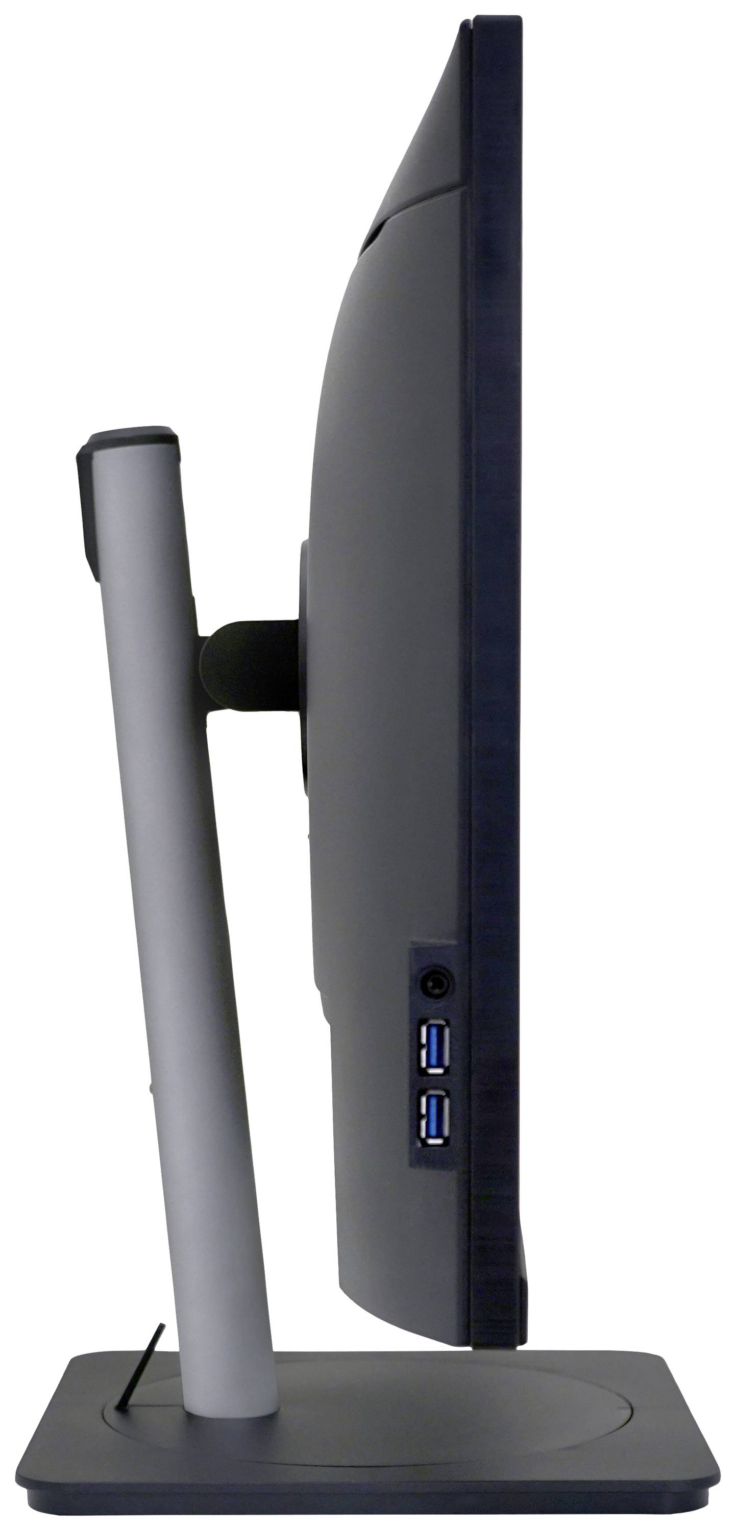 Seitenansicht eines flachen Computerbildschirms mit USB-Anschlüssen, montiert auf einem Ständer.