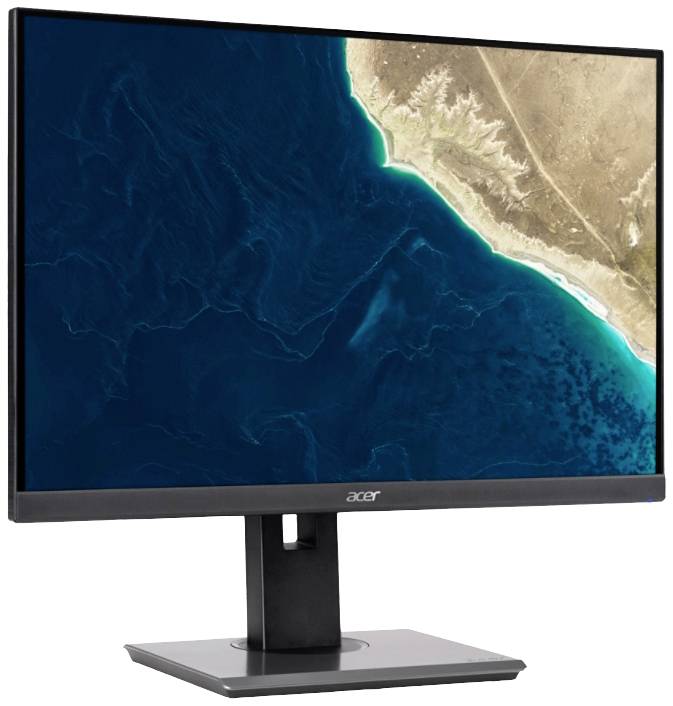 Flacher Computermonitor von Acer mit schwarzem Rahmen und einer Luftaufnahme von Küste und Meer auf dem Bildschirm.