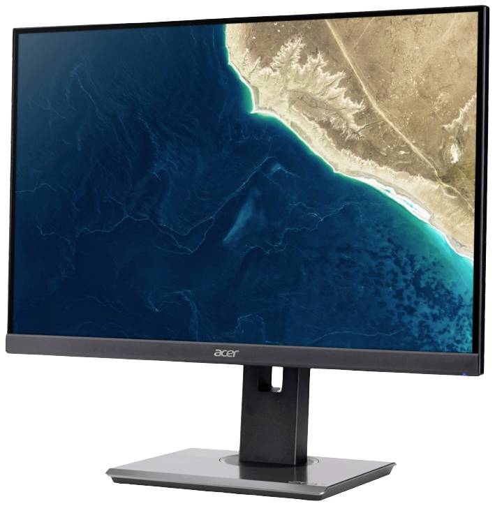 Ein Computermonitor von der Marke Acer zeigt eine Satellitenansicht einer Küste mit Sandstränden und tiefblauem Meer.