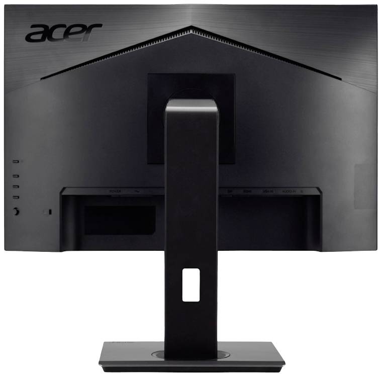 Rückansicht eines schwarzen Computerbildschirms mit dem Logo 'Acer' oben links. Der Bildschirm steht auf einem rechteckigen Standfuß.