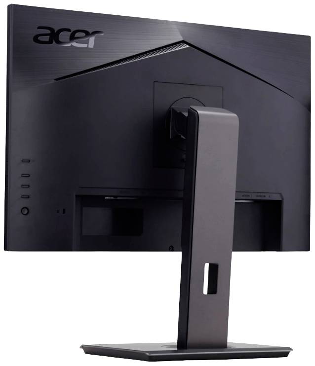 Ein schwarzer Acer-Monitor von hinten, zeigt den robusten Standfuß und die Anschlüsse an der Seite.