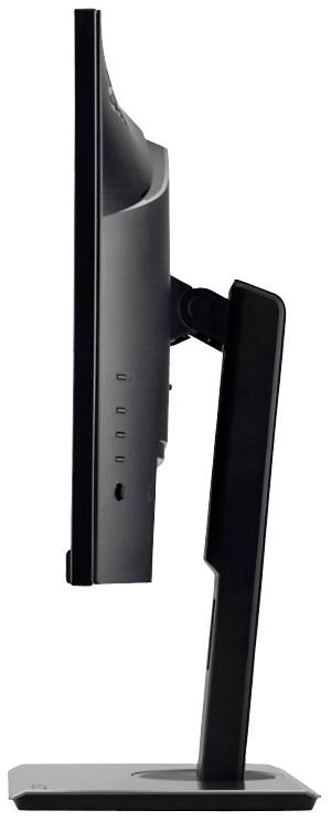 Seitliche Ansicht eines schwarzen Monitors auf einem verstellbaren Standfuß. Bildschirm ist schlank und minimalistisch gestaltet.