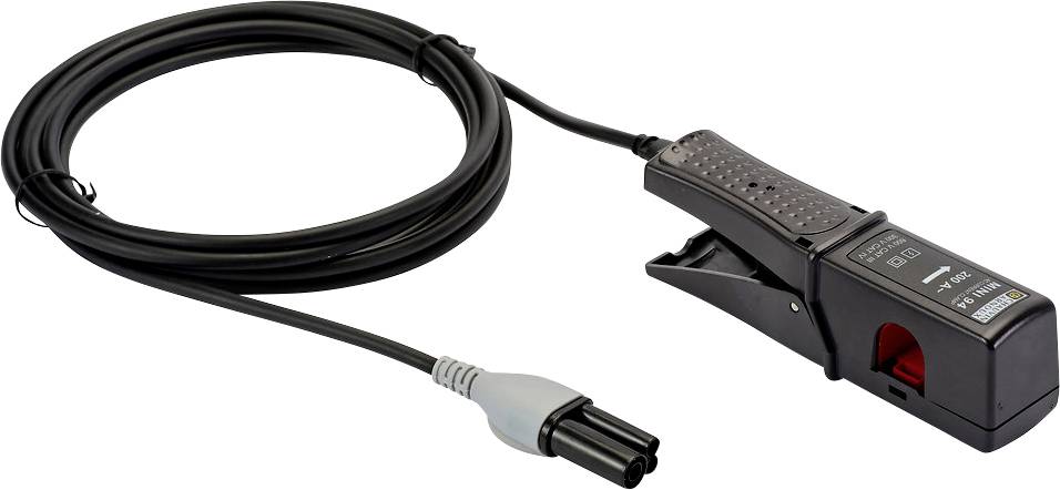 Ein elektrisches Messgerät mit einer langen Kabelverbindung und einer schwarzen Klemme, die zur Messung von Stromstärken verwendet wird.