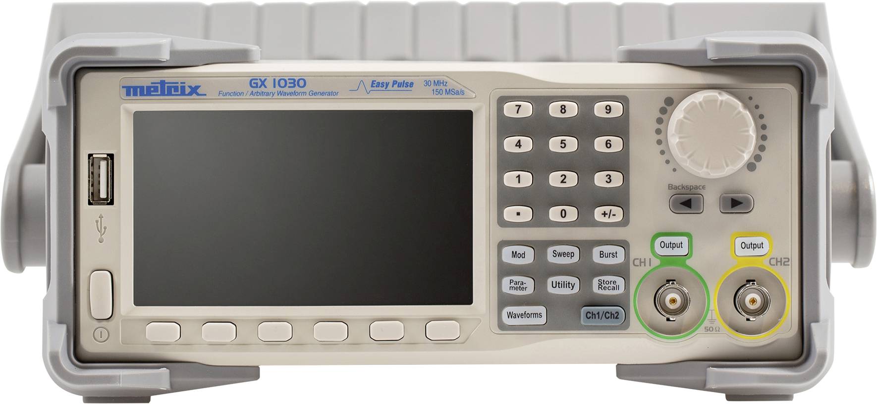 Elektronisches Messgerät mit Display, Tastenfeld und Drehknopf, bezeichnet als 'Metrix GX 1030'. Anschlüsse unten rechts, CH1 und CH2.