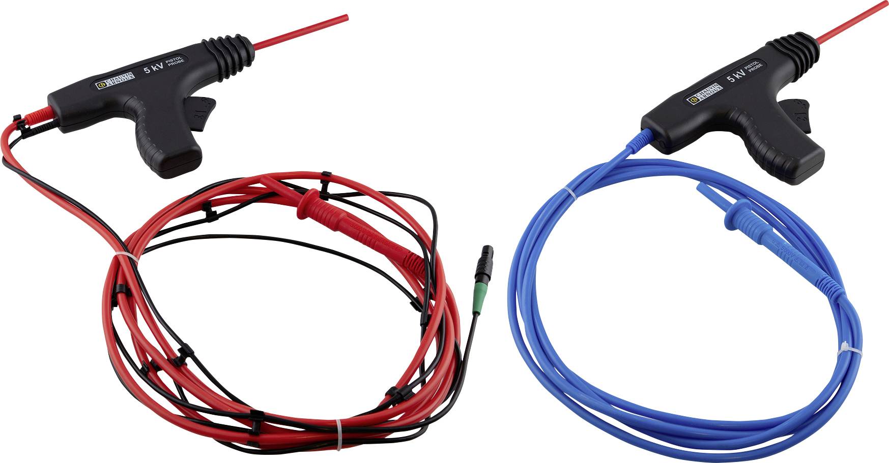 Zwei Spannungstastköpfe: Einer mit rotem Kabel und einer mit blauem Kabel. Beide haben einen pistolengriffartigen Griff und sind für Messungen geeignet.