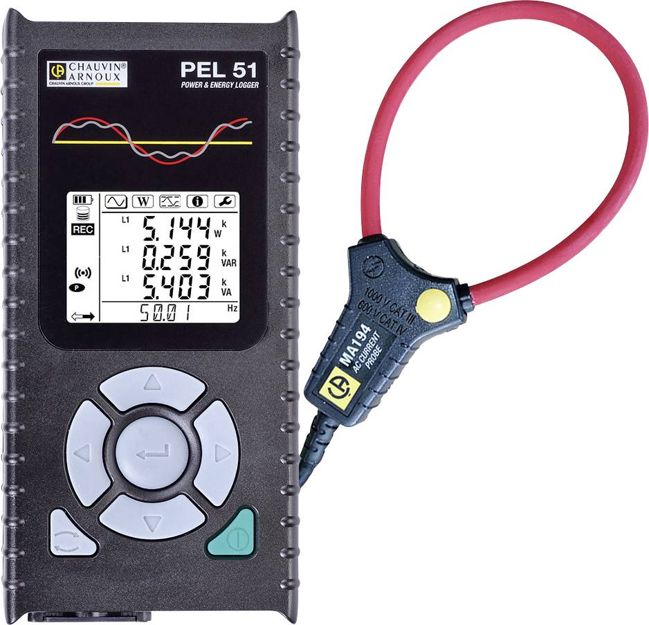Messgerät zur Aufzeichnung von elektrischen Lasten und Energiedaten, mit Displayanzeige von Stromstärke, Spannung und Leistung.