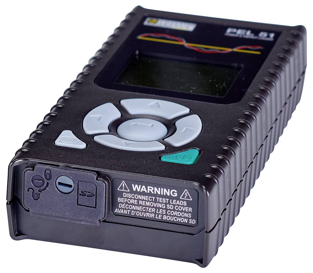 Ein tragbares, rechteckiges Messgerät mit Tastenfeld zeigt ein digitales Display. Warnhinweis unten: 'Warnung: Vor dem Entfernen...'.