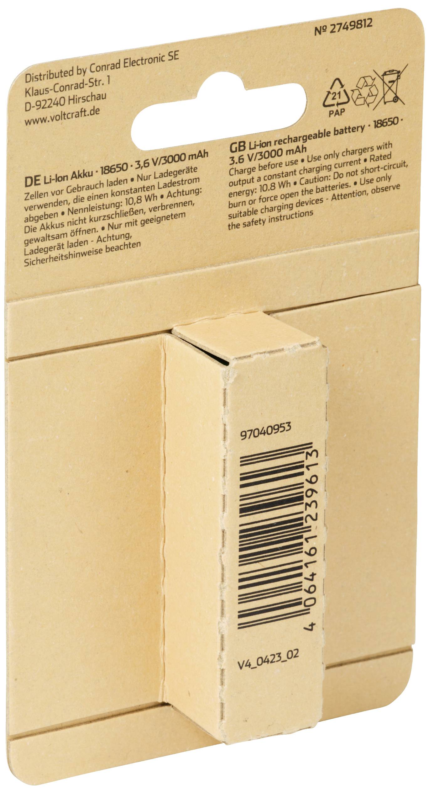 VOLTCRAFT VC-Li 3,6-3000 Spezial-Akku 18650 Flat-Top Li-Ion 3.6V 3000 mAh 1St.