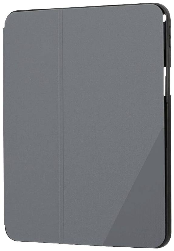 Schwarzes Tablet in geschlossener Schutzhülle, vertikal stehend.