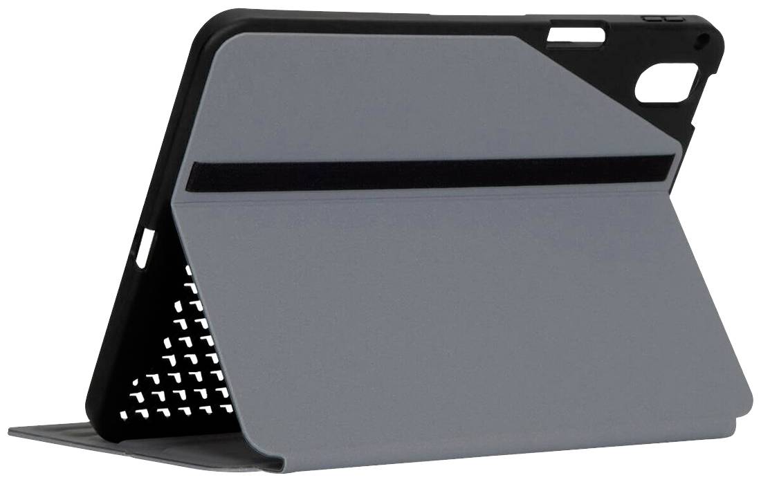 Eine graue Tablet-Hülle, teilweise geöffnet, zeigt die Standfunktion für horizontale Ausrichtung. Im Hintergrund sind Lichtpunkte sichtbar.