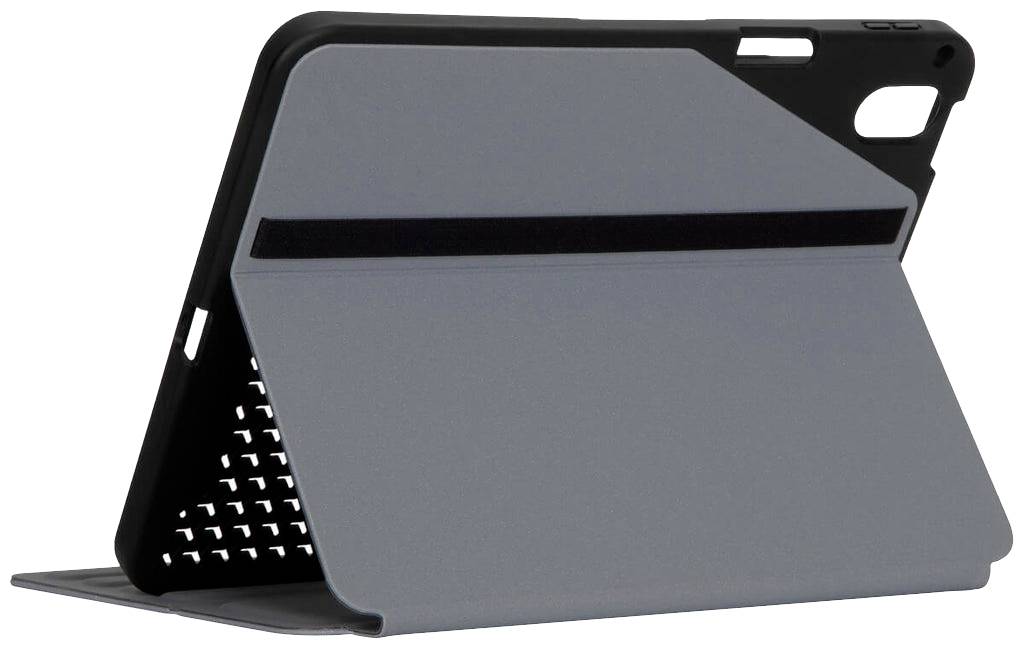 Ein graues Tablet-Case mit Standfunktion, das auf der Rückseite ein schwarzes Band und Aussparungen für Anschlüsse und Kamera besitzt.