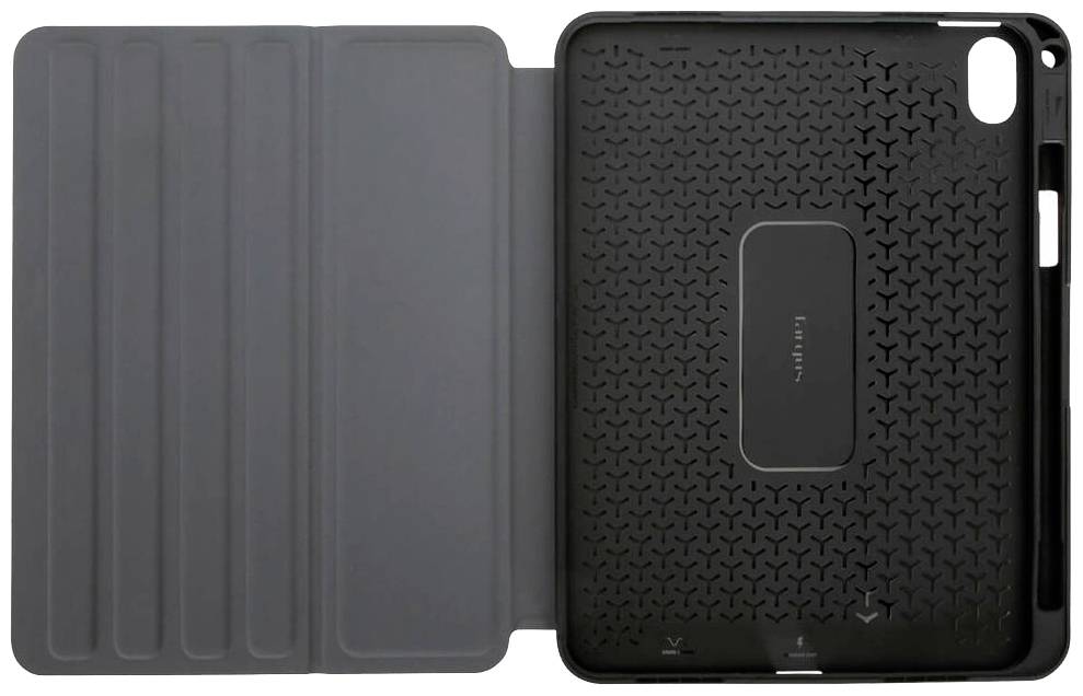 Schwarze Schutzhülle für ein Tablet mit aufklappbarem magnetischem Deckel und strukturiertem Innenrückteil.