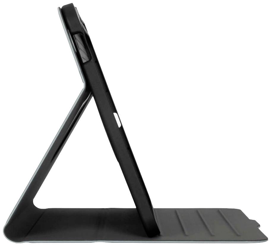 Ein Tablet steht in einer schwarzen Schutzhülle auf einem Tisch. Die Hülle dient gleichzeitig als Ständer.