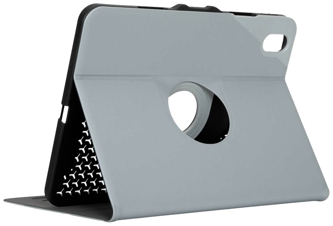 Graues Tablet-Case in einem Ständer-Einsatzmodus, das eine drehbare Halterung hat. Es zeigt eine kreisförmige Aussparung.