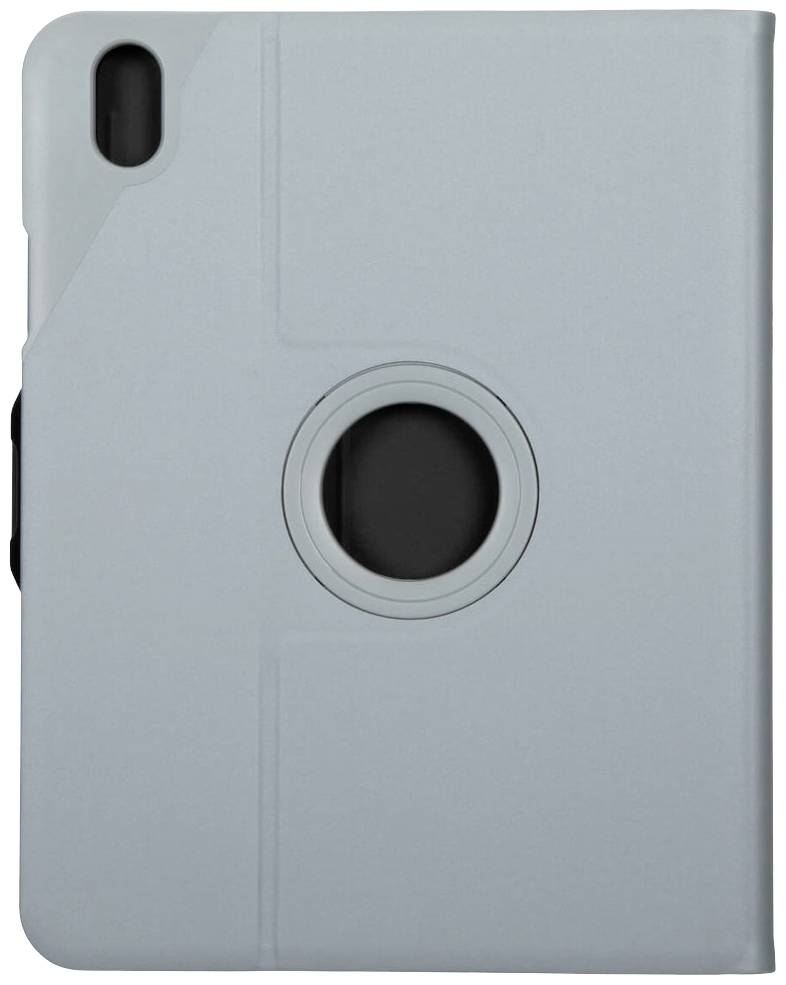 Ein graues Tablet-Case aus Kunststoff mit einer runden Öffnung und einer Kameraaussparung.