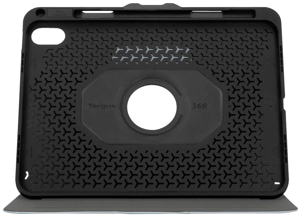 Schwarze Tablet-Schutzhülle mit strukturiertem Muster und rundem Ausschnitt in der Mitte, geeignet für robusten Schutz und Flexibilität.