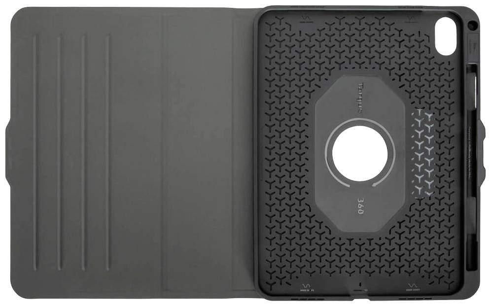 Schwarze Tablet-Hülle mit integriertem Ständer und schützendem Muster. Geeignet für sicheren Halt und vielfältige Betrachtungswinkel.