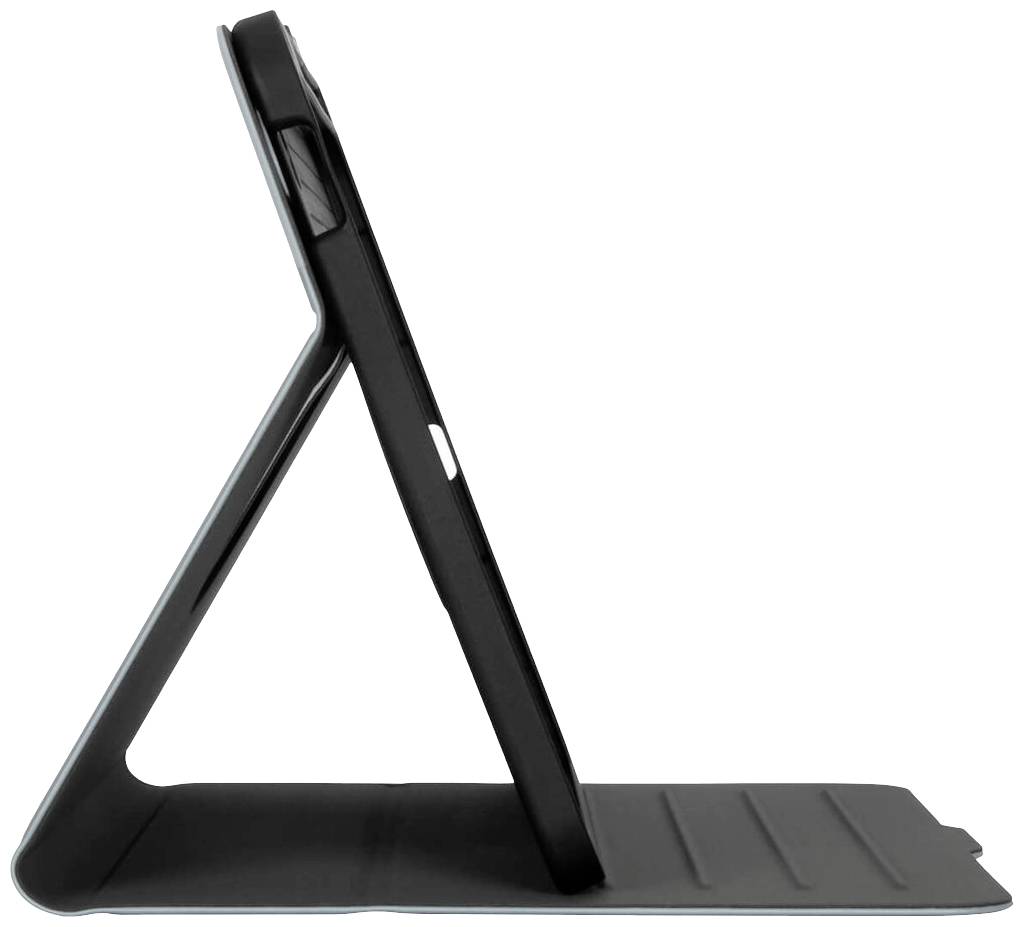 Seitliche Ansicht eines Tablets in schwarzer Schutzhülle mit Ständer. Das Tablet steht in aufrechter Position auf einer weißen Fläche.