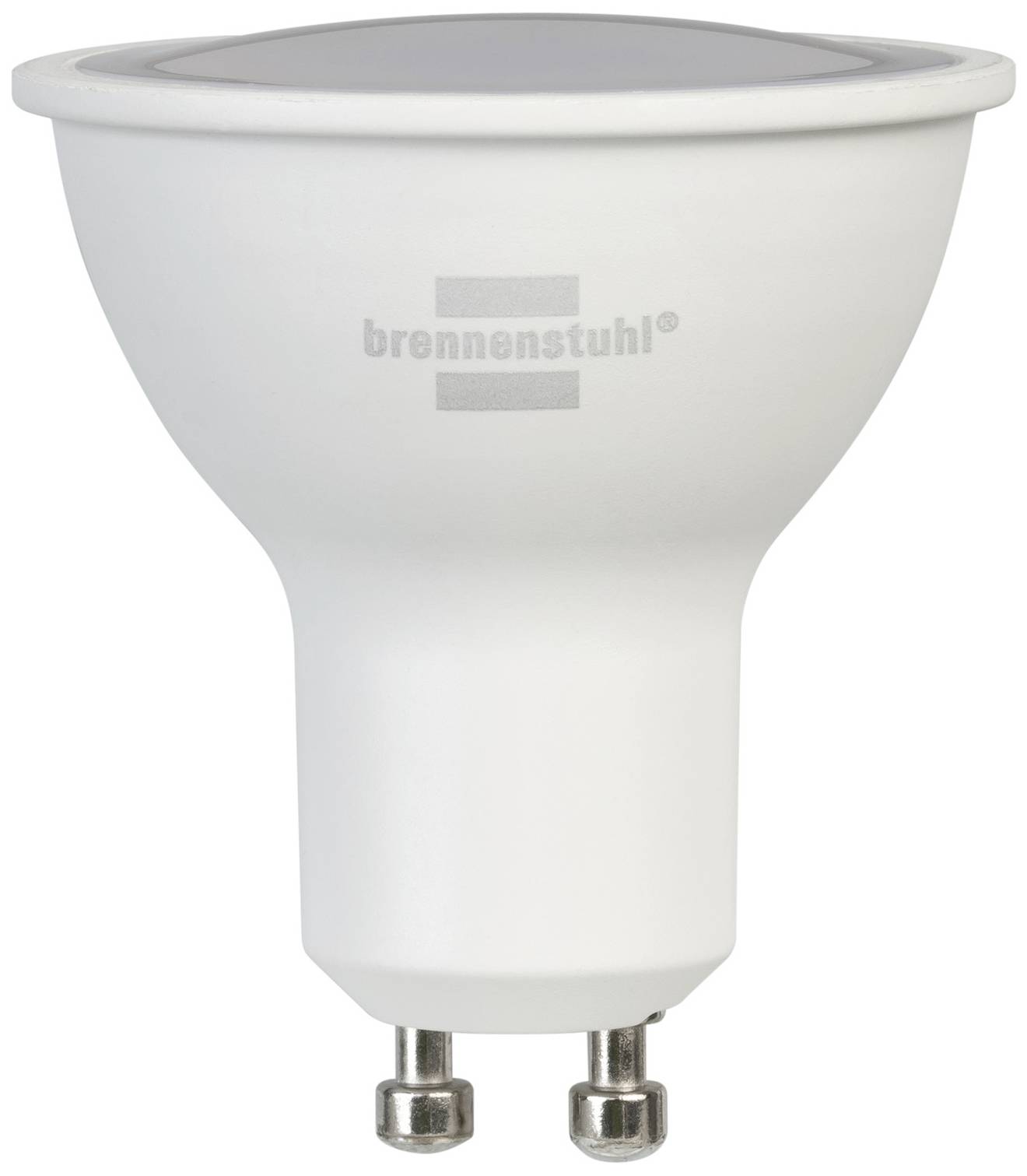Weiße LED-Glühbirne mit GU10-Sockel von 'brennenstuhl', abgebildet auf weißem Hintergrund.