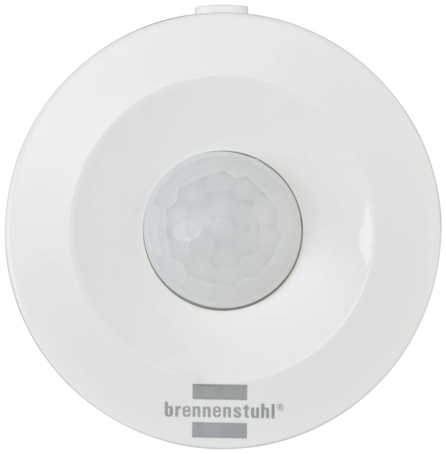 Ein runder, weißer Bewegungsmelder, montiert an einer Decke. In der Mitte befindet sich ein transparenter Sensor.