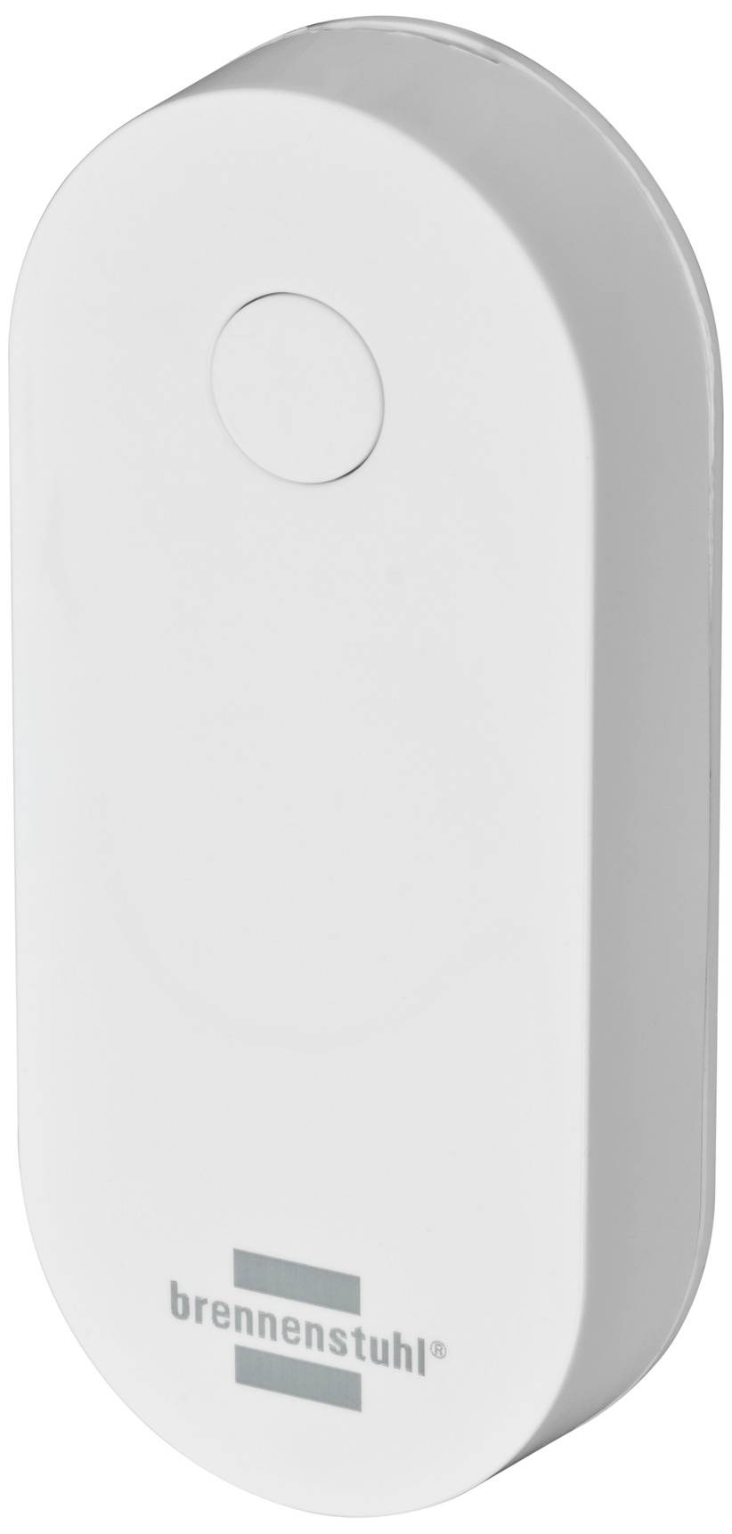 Ein weißer, ovaler Türkontakt von Brennenstuhl mit einem erhabenen Knopf auf der Vorderseite für die Erkennung von Türbewegungen.