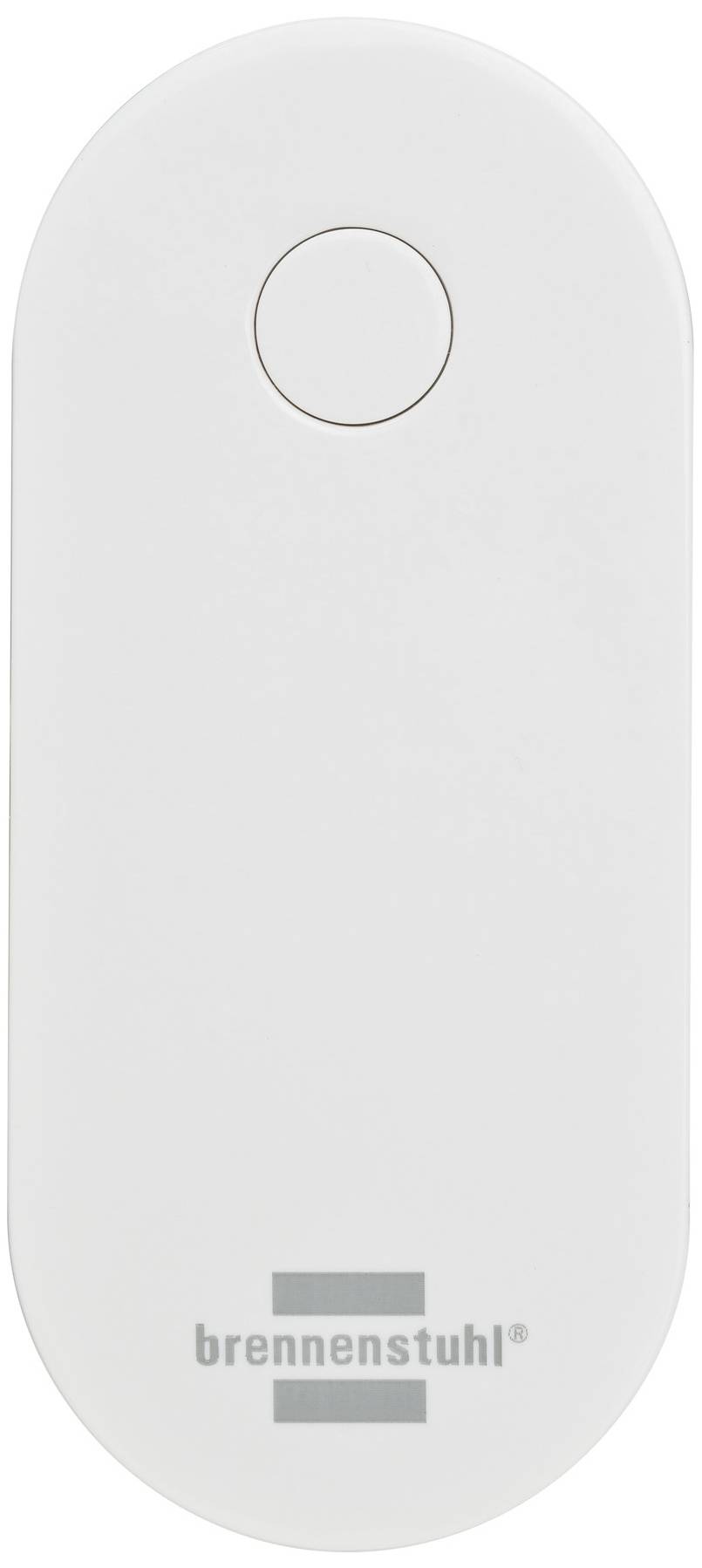 Ein weißer, ovaler Funkgong von Brennenstuhl mit einem Knopf oben. Das Logo ist unten sichtbar.