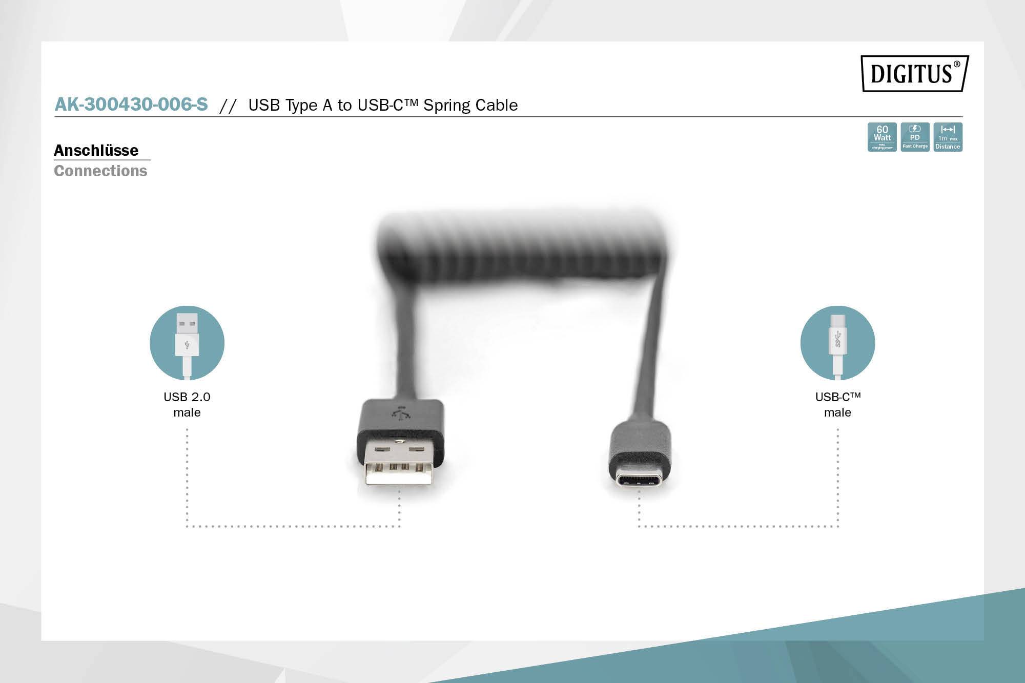USB-C zu USB 2.0 Spiralkabel, männlich zu männlich. Abbildung zeigt die Anschlüsse: USB 2.0 links, USB-C rechts.