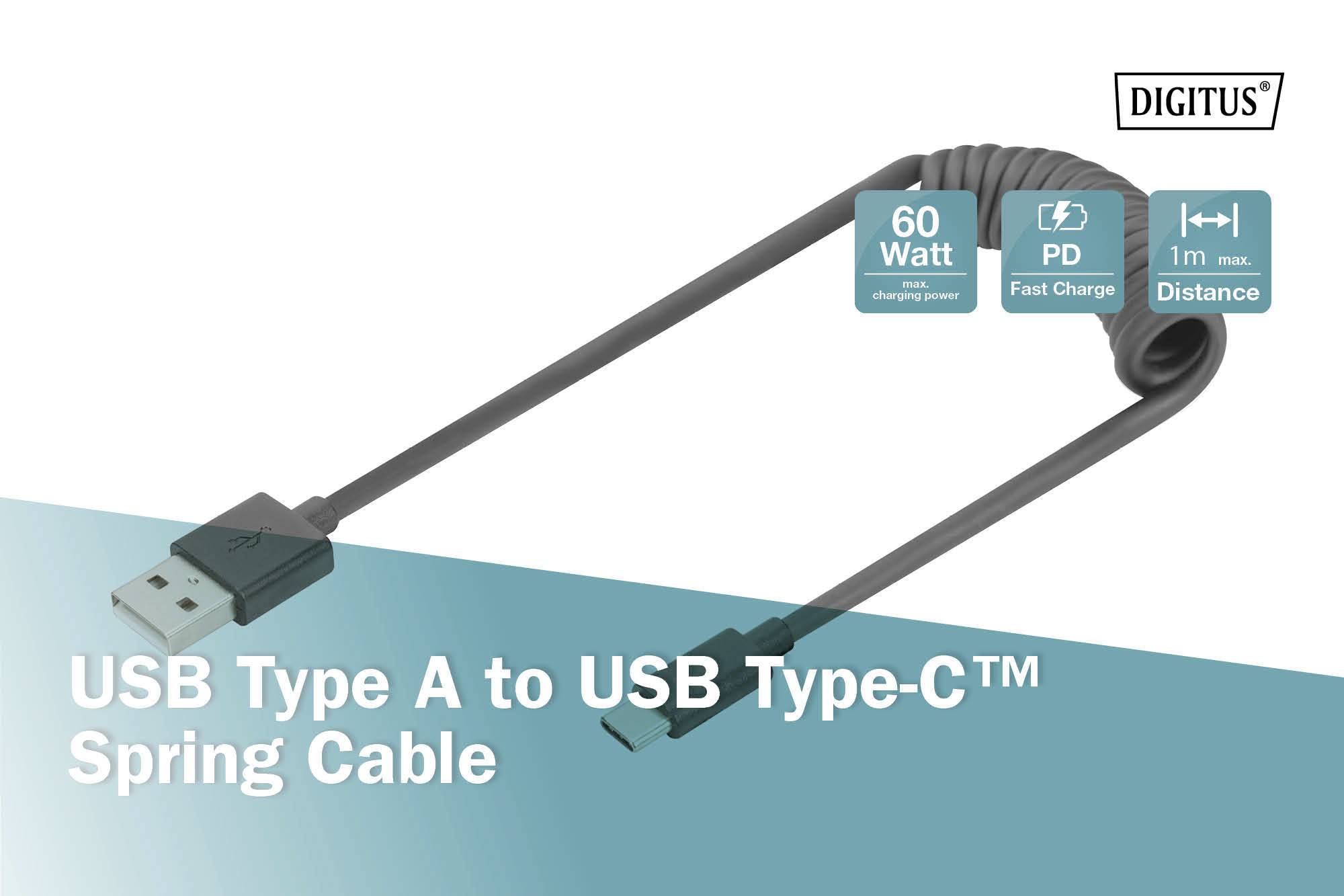 „USB Type A auf USB Type-C™ Spiralkabel“, unterstützt 60 Watt Schnellladung, 1 m Länge, Markenname: DIGITUS.