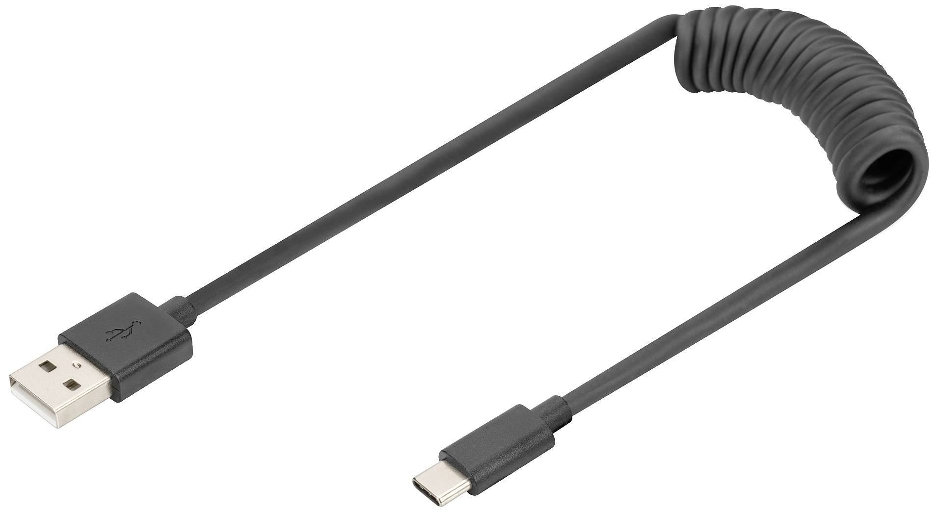Ein schwarzes, spiralförmiges USB-Kabel mit USB-A- und USB-C-Stecker, geeignet für Lade- und Datenübertragungszwecke.