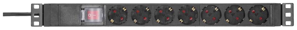 Schwarze Steckdosenleiste mit acht Steckplätzen und einem roten Schalter, geeignet für 19-Zoll-Rackmontage.
