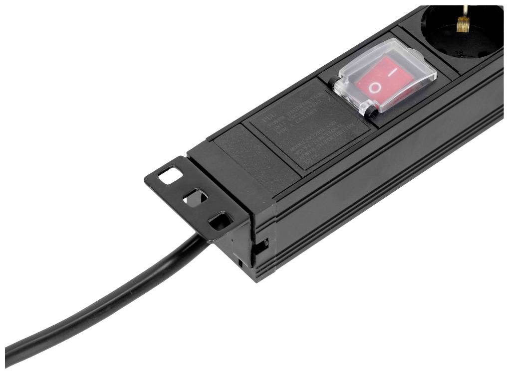 Eine schwarze Mehrfachsteckdose mit einem roten Ein-/Ausschalter und einem Stromkabel.