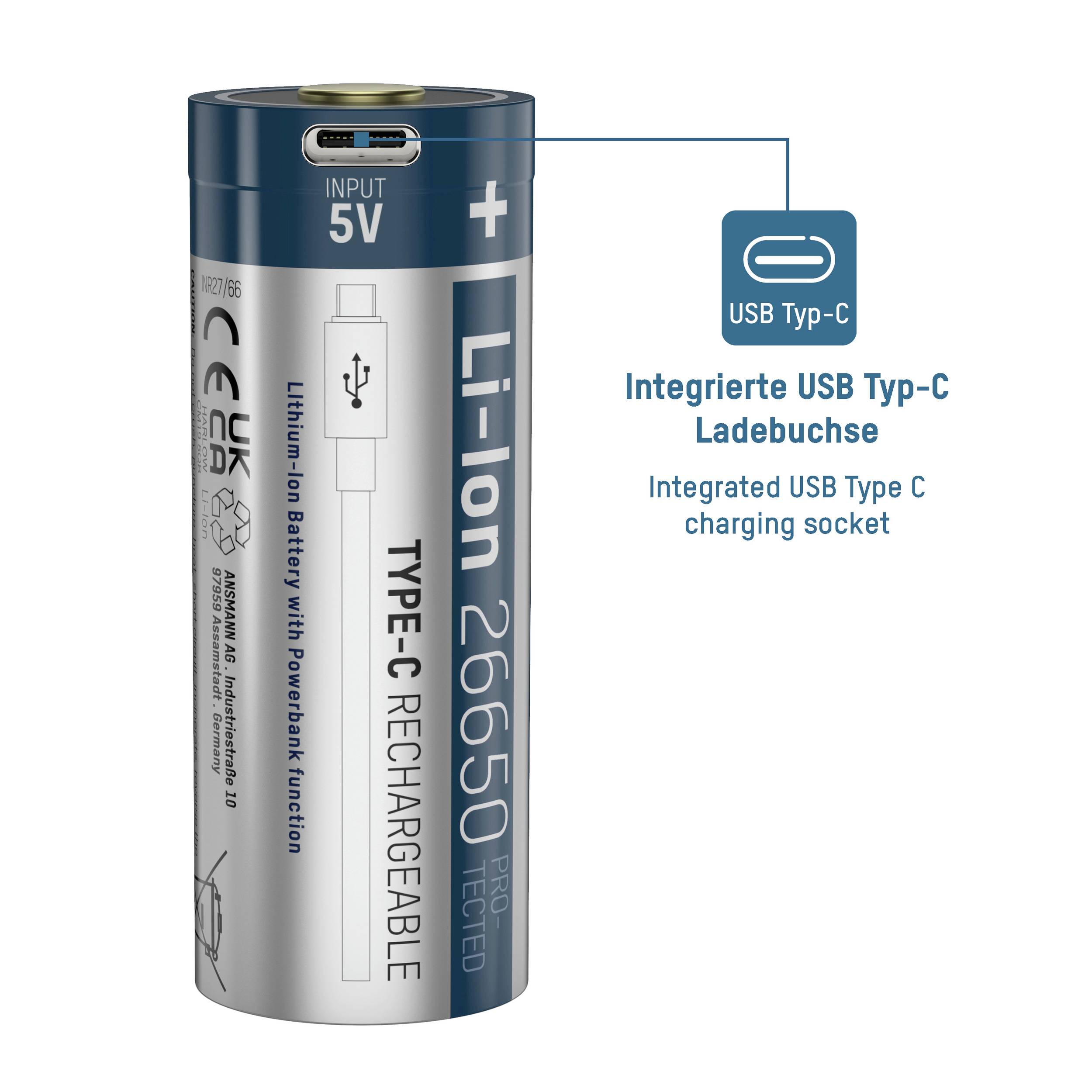 'Li-Ion 26650' Typ-C wiederaufladbarer Akku mit integrierter USB Typ-C Ladebuchse, Eingang 5V. Beschreibung zeigt Produktmerkmale.