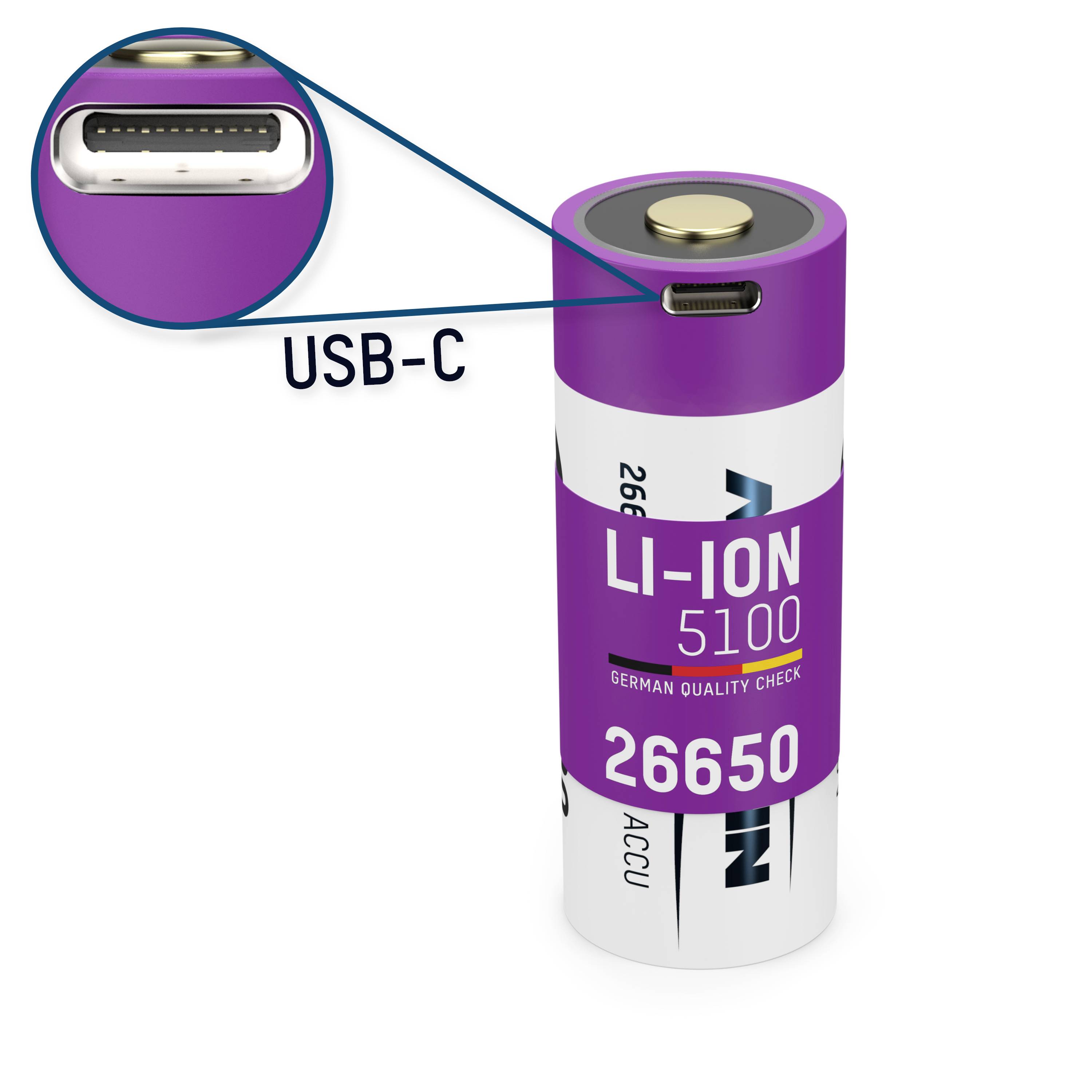 Lila Lithium-Ionen-Akku mit USB-C-Anschluss. Beschriftet mit 'Li-Ion 5100', Modellnummer '26650'.