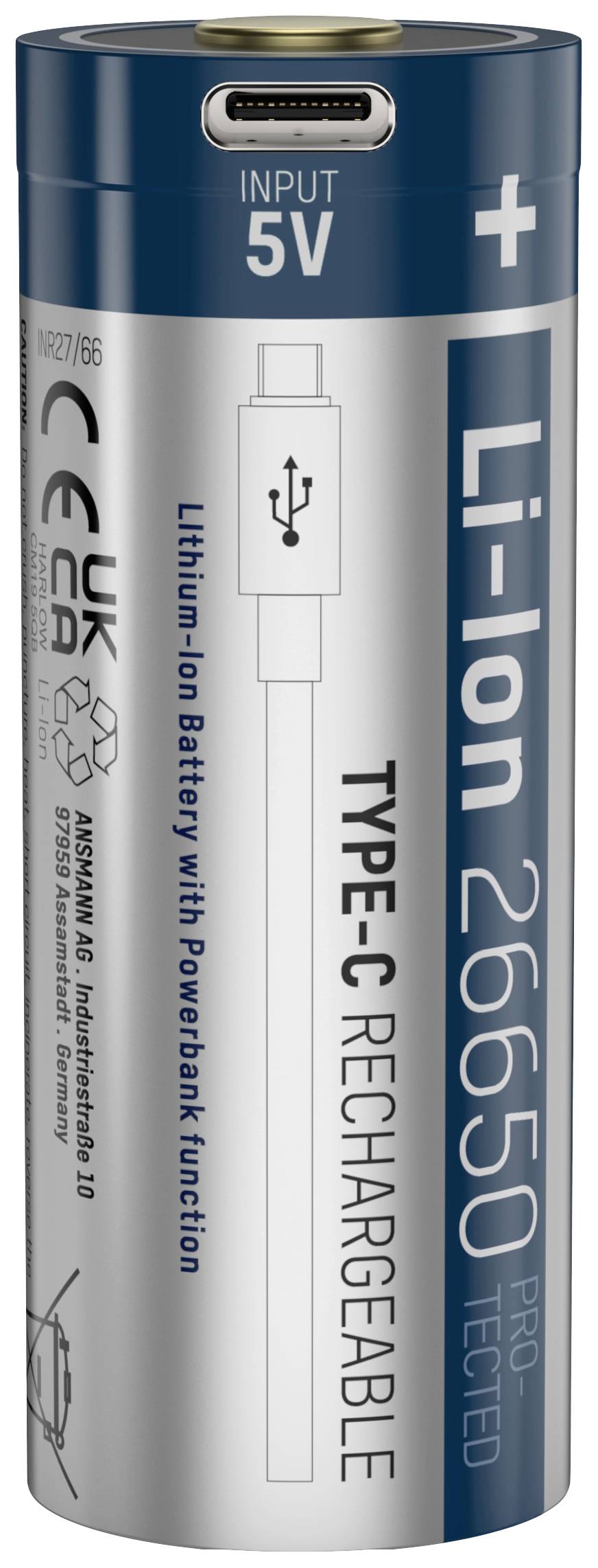 Li-Ion Akku 26650, 5V Input, Typ-C Anschluss, wiederaufladbar, mit Powerbank-Funktion.