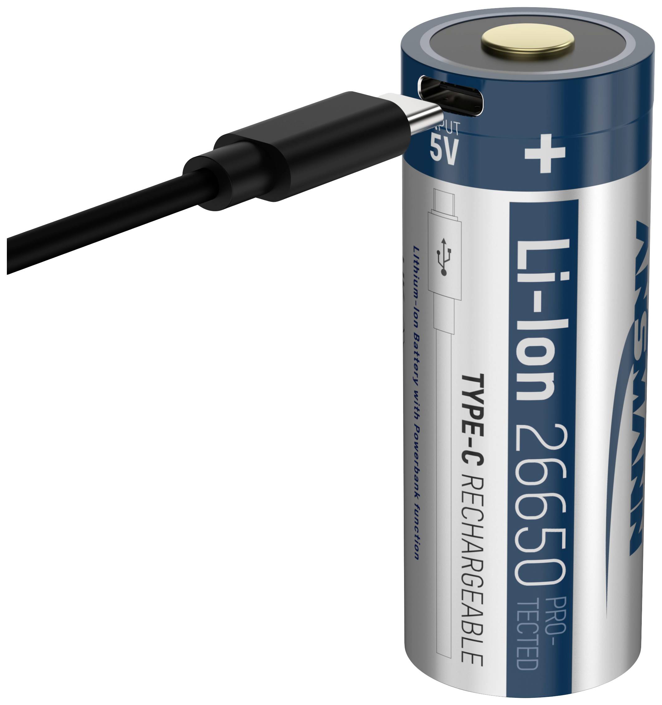 Lithium-Ionen-Akku 26650 mit USB-C-Anschluss zum Aufladen, zeigt Plus- und Minuspol, beschriftet mit 'Typ-C wiederaufladbar'.