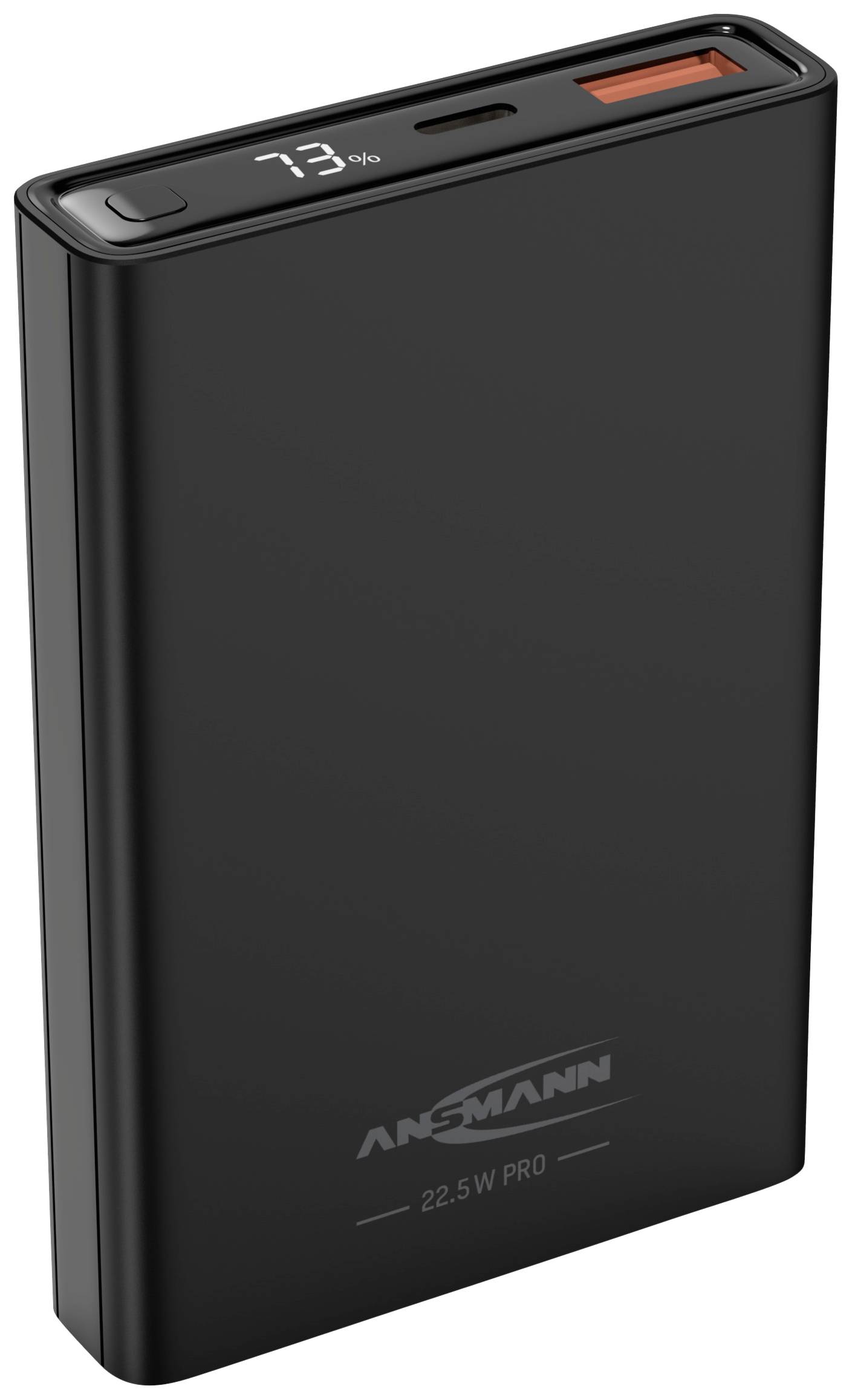 Eine schwarze Powerbank mit einer Ladekapazität von 22,5 W. Der Ladezustand wird auf einem kleinen Display mit 73 % angezeigt.